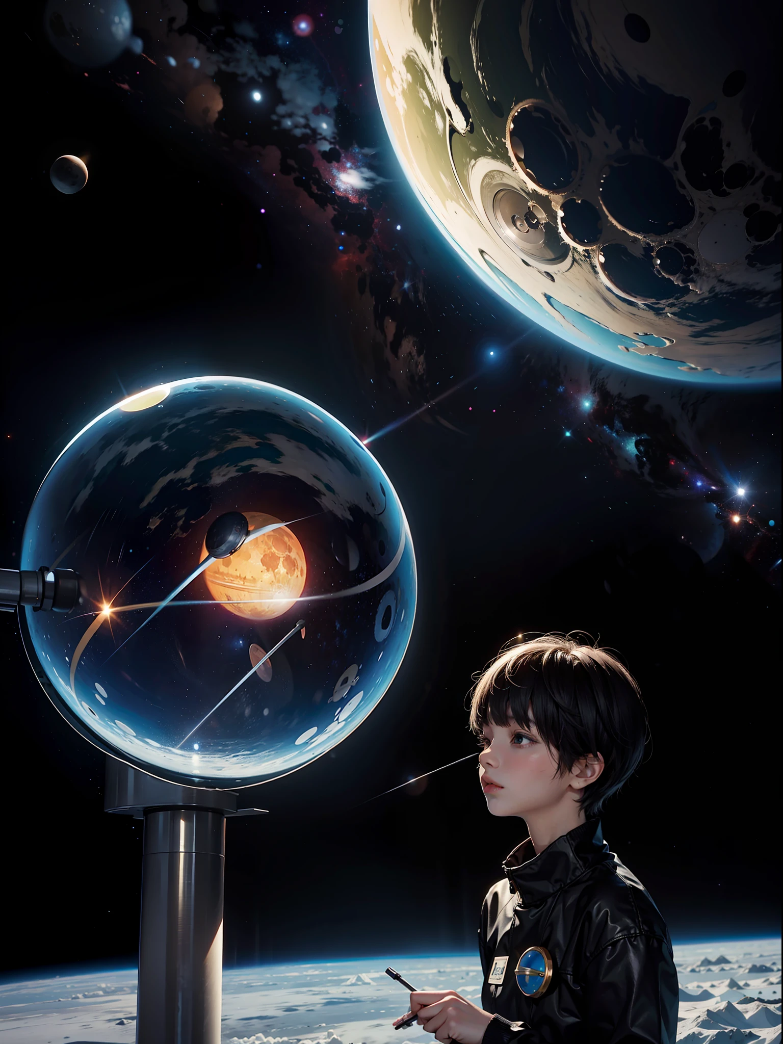 planetarium, short cut girl, exciting, button by hand, space of light