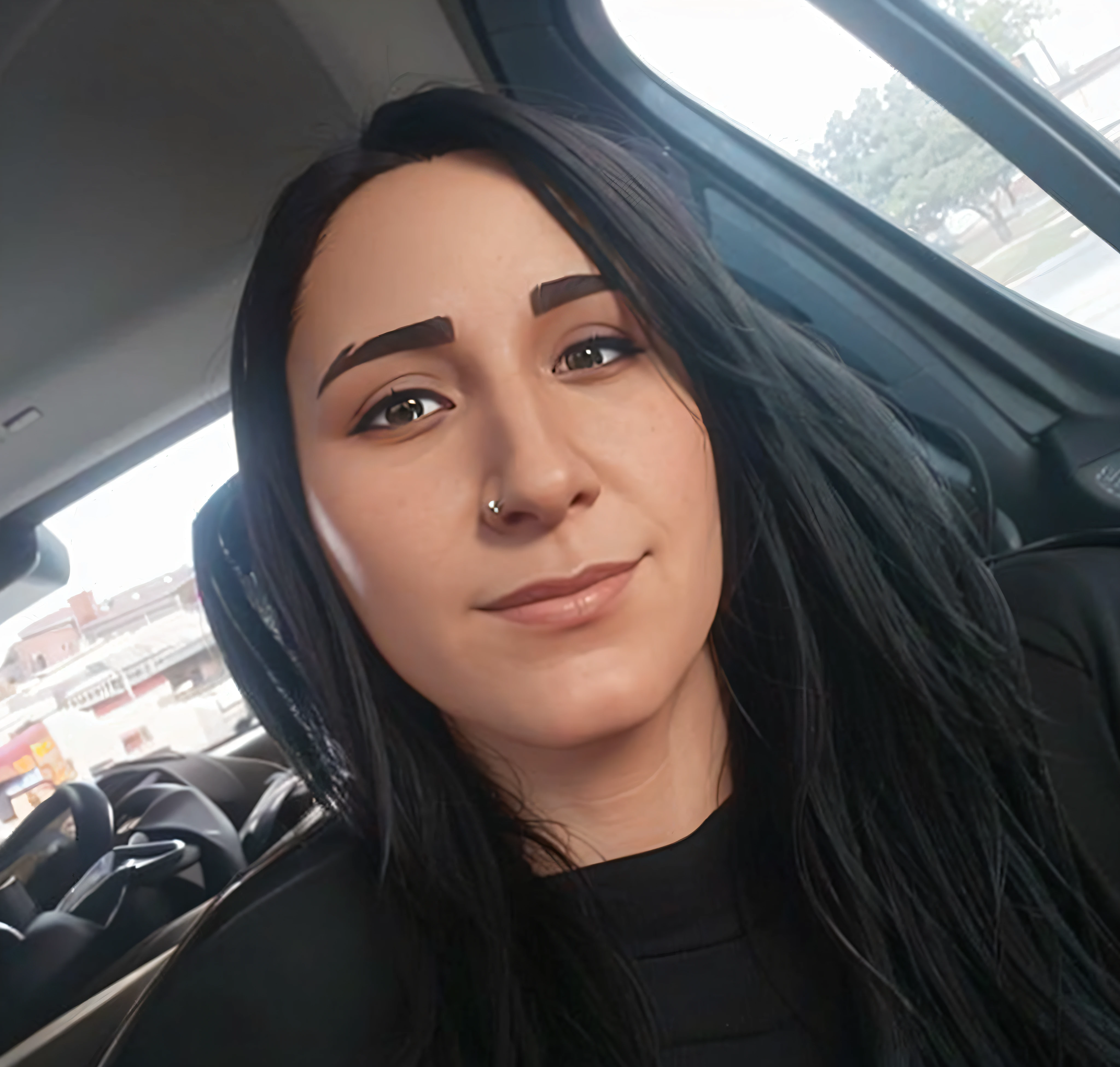 Arafed woman with long black hair sitting in a car, Alanis Guillen, profile picture, 30 years old, 3 0 years old woman, headshot profile picture, Lorena Avarez, taken in early 2020, ayahausca, 2 8 years old, woman with long black hair, avatar image, 2 9 years old, nose ring piercing