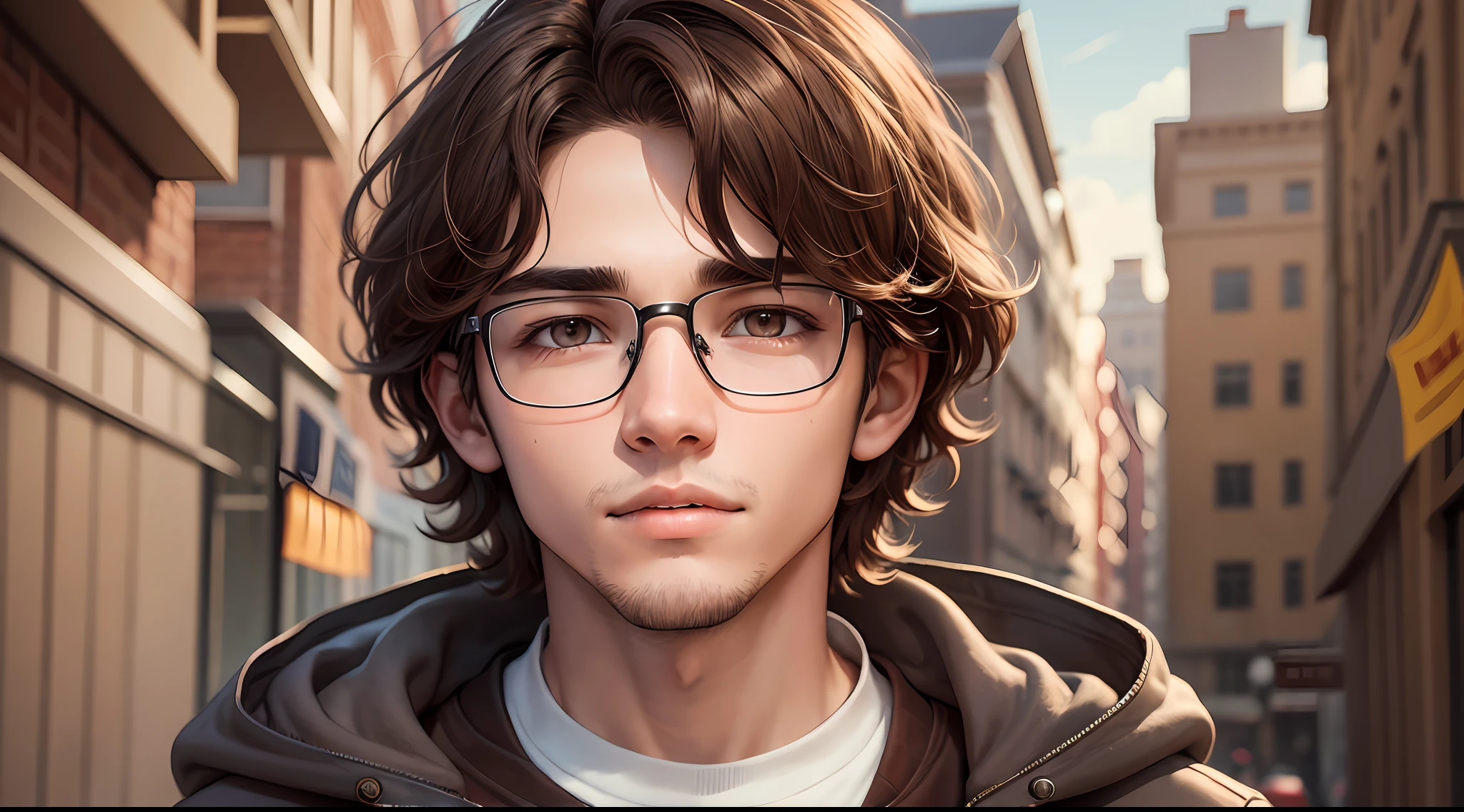 Original and unique authentic character,A young man with medium weight,with brown hair,short and wavy,he has brown eyes. He wears a jacket, hooded sweaters, is 20 years old and wears glasses. --auto --s2