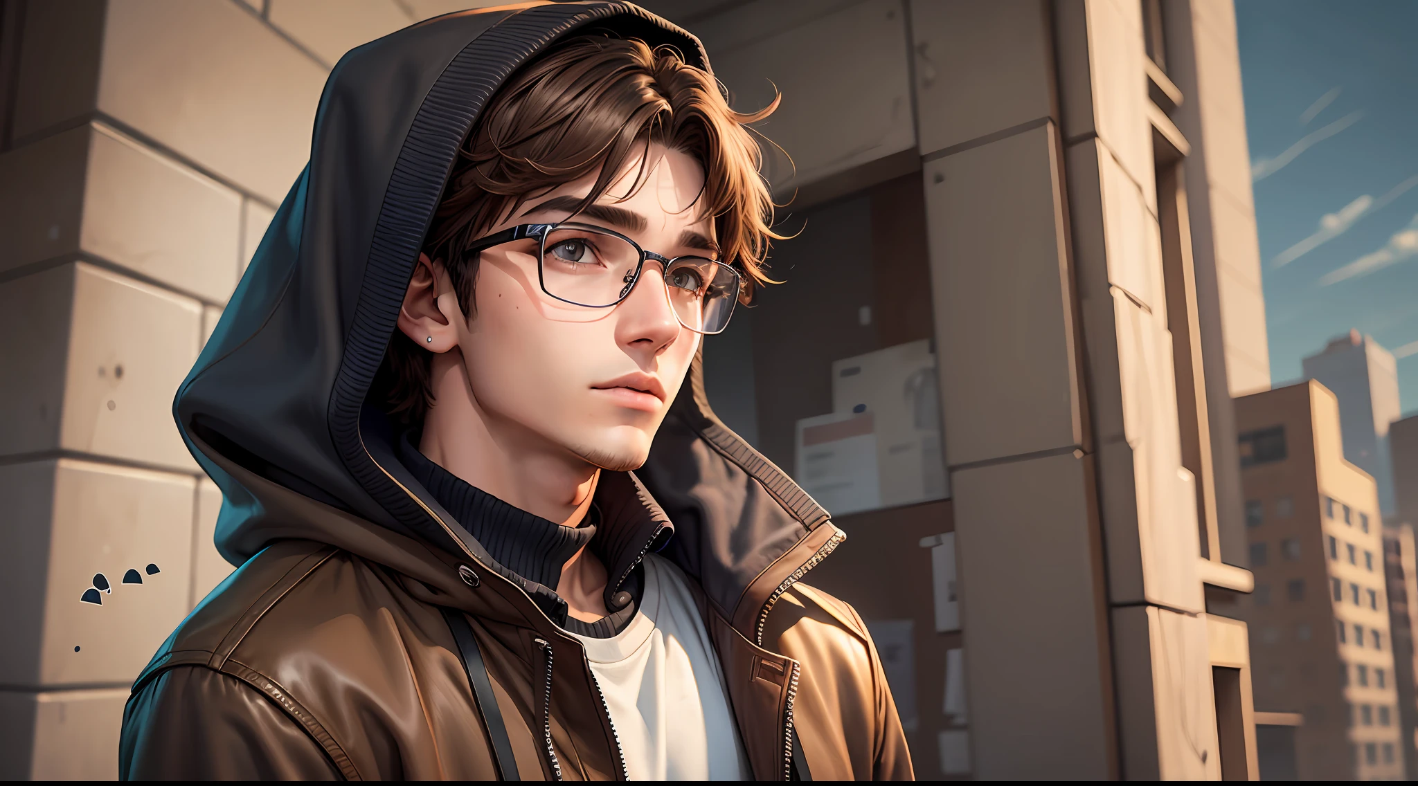 Original and unique authentic character,A young man with medium weight,with brown hair,short and wavy,he has brown eyes. He wears a jacket, hooded sweaters, is 20 years old and wears glasses. --auto --s2