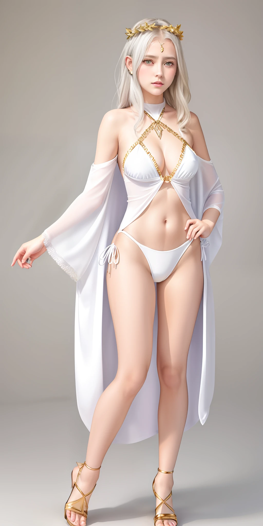 Top quality, very detailed, masterpiece, ultra-detailed, (realistic: 1.2), 1 girl, (white background), simple background, delicate eyes, silver hair, purple eyes, hair_ornament, (golden minuscule micro bikini), long hair, pointy_ears, crown_braid, embarrassed face, straight hair, full body, big breasts, figure with slightly spread legs, swimsuit with an impossibly small cloth area,
