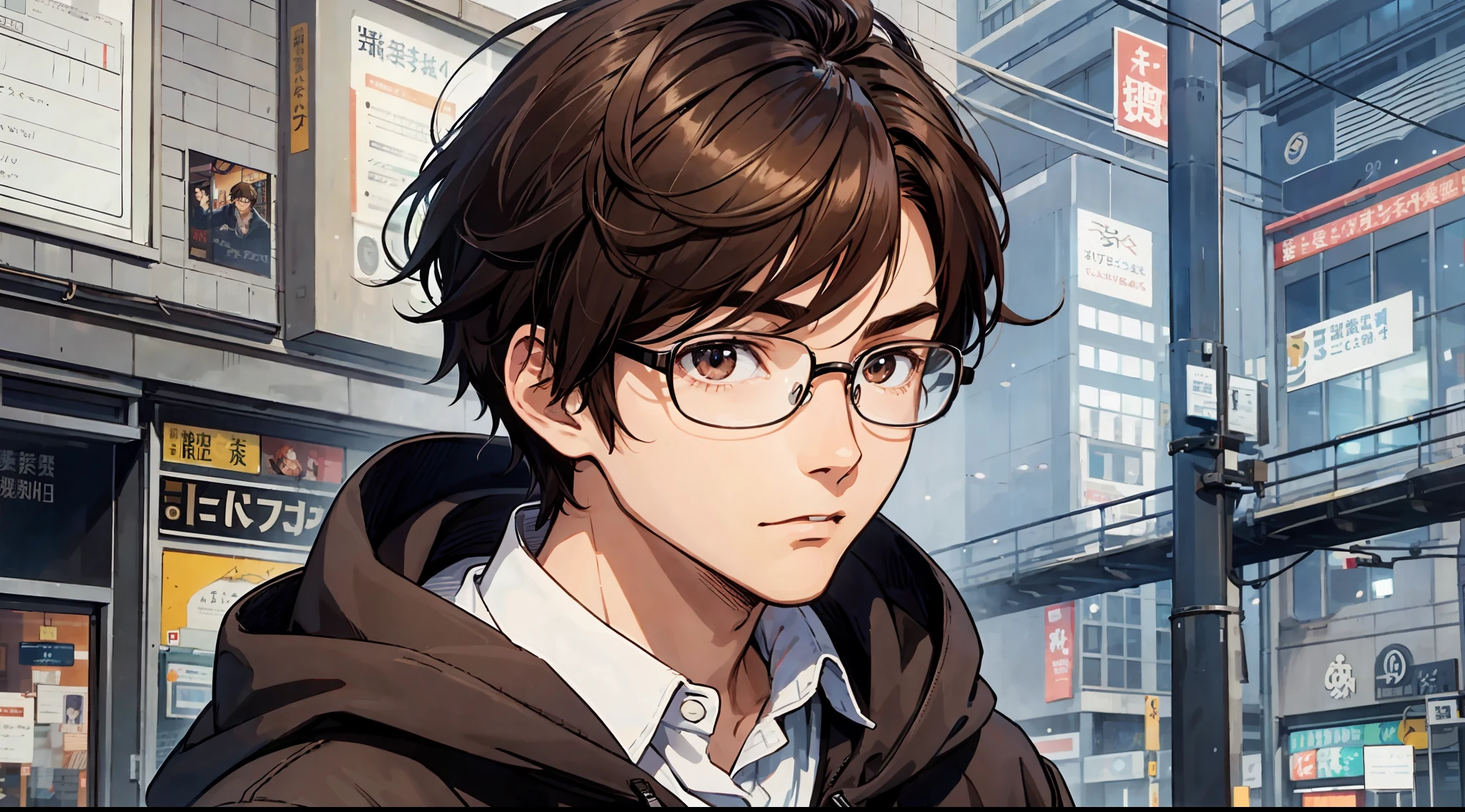 Original and unique authentic character,A young man with medium weight,with brown hair,short and wavy,he has brown eyes. Wears jacket, sweaters with hood, is 20 years old and wears glasses, anime references. --auto --s2