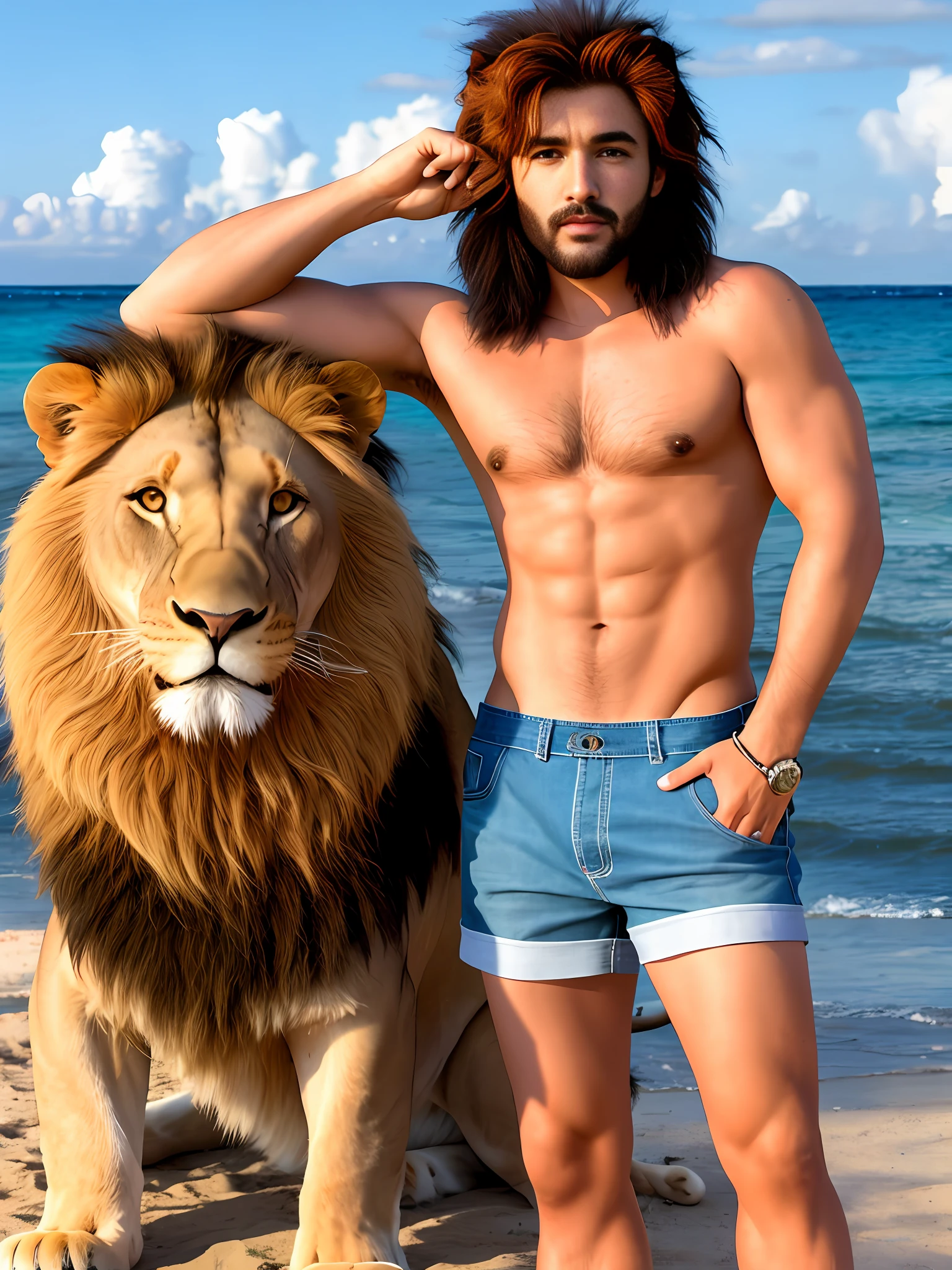 Lion smoking on the beach in shorts