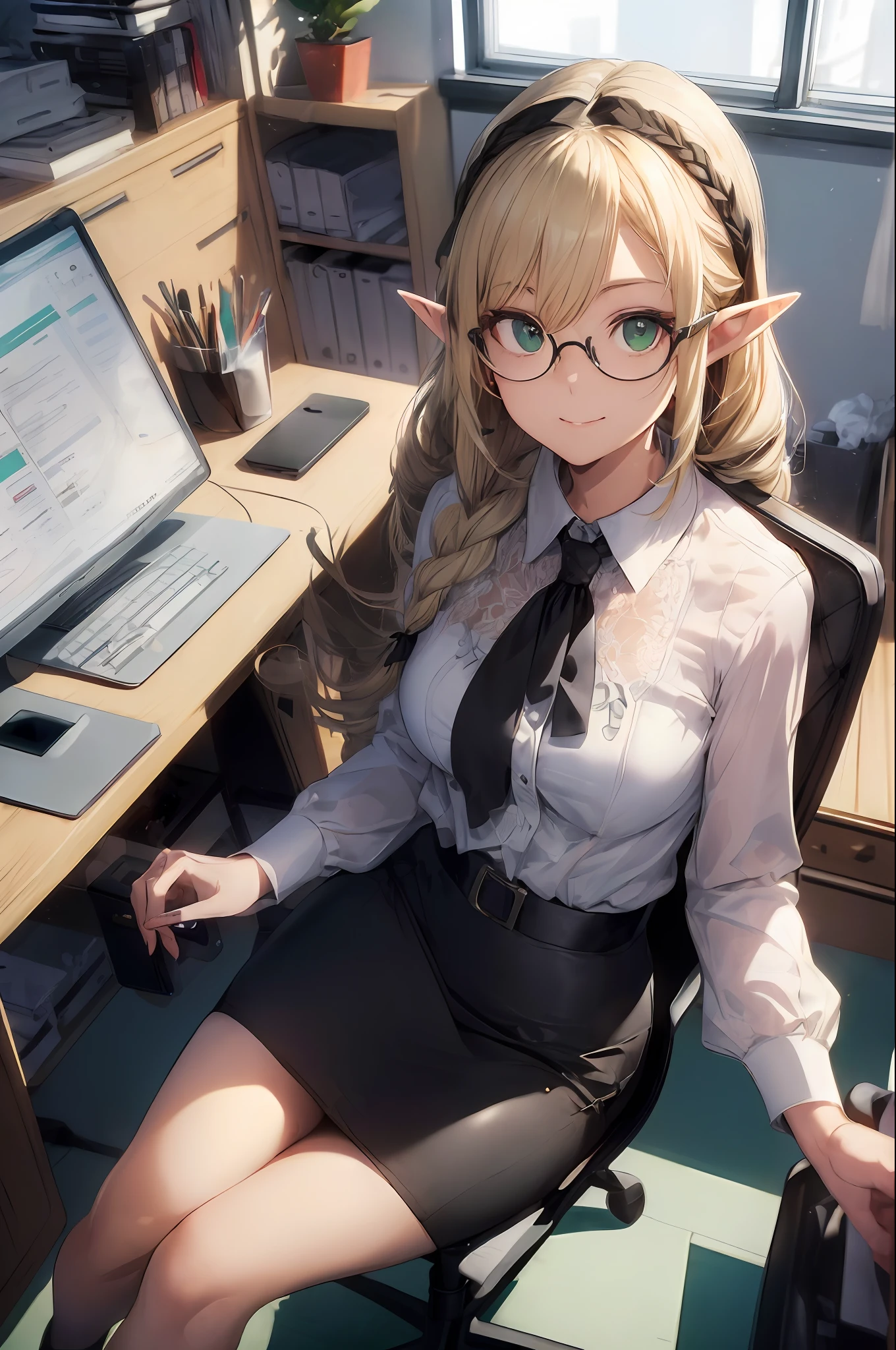 (((Masterpiece, highest quality, precision, ultra-detail)))), ((Modern)), ((Elf OL))))), ((((Elf ears))), break, ((White blouse)), break, ((Black pencil skirt)))), break, ((Black tights))))), (Blonde long braid hair), (Big shining green eyes)))), ((Big)), (((Design office) ), ((PC on a stylish office desk)), (((sits in a black office chair and turns around))), smiles, ((glasses)))), (tilts head)))), breeze, (eyes forcus))), dynamic angle, from above