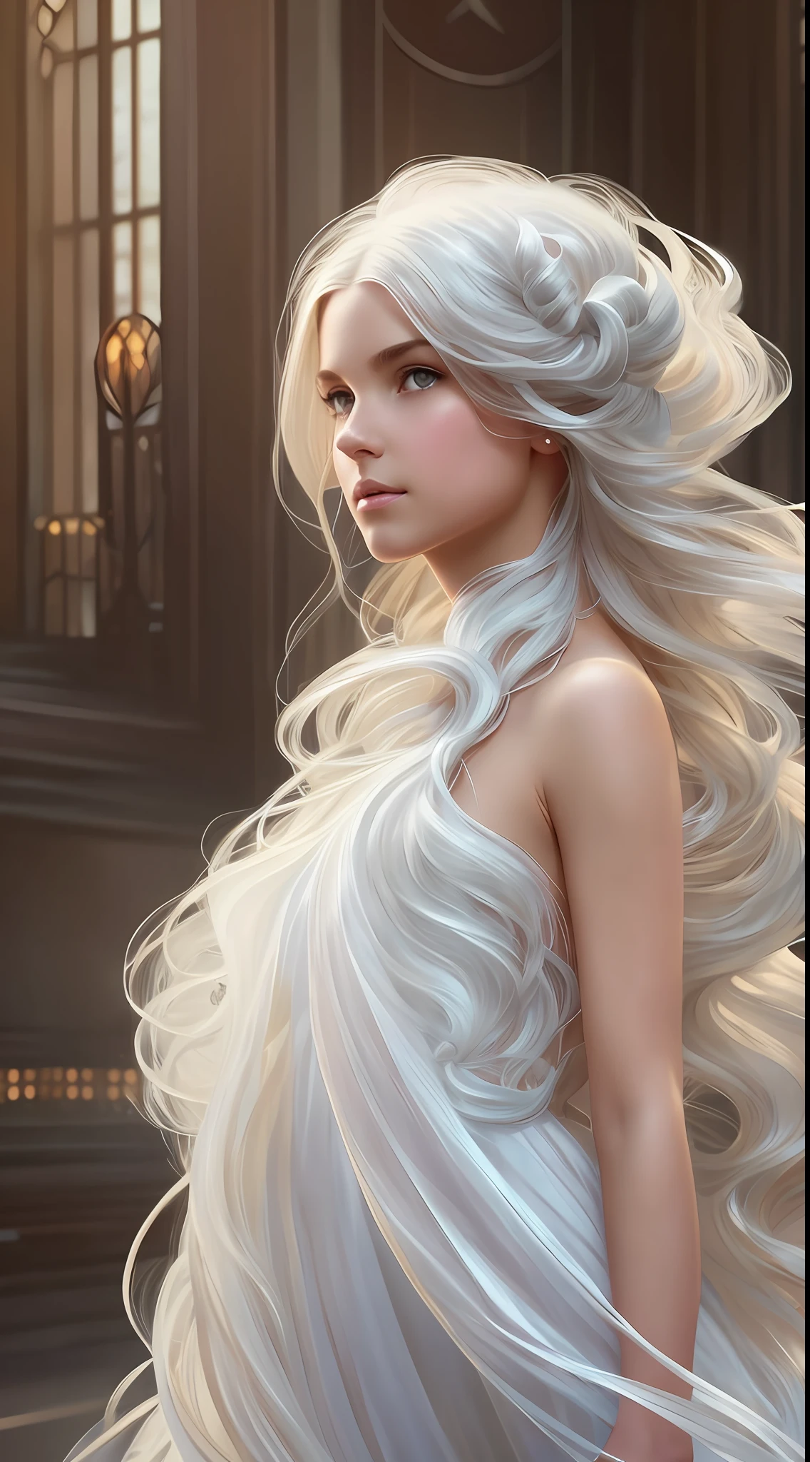 young girl angel, with floating hair, flowing white gown, highly detailed, digital painting, artstation, concept art, smooth, sharp focus, illustration, unreal engine 5, 8k, art by artgerm and greg rutkowski and alphonse mucha --auto --s2