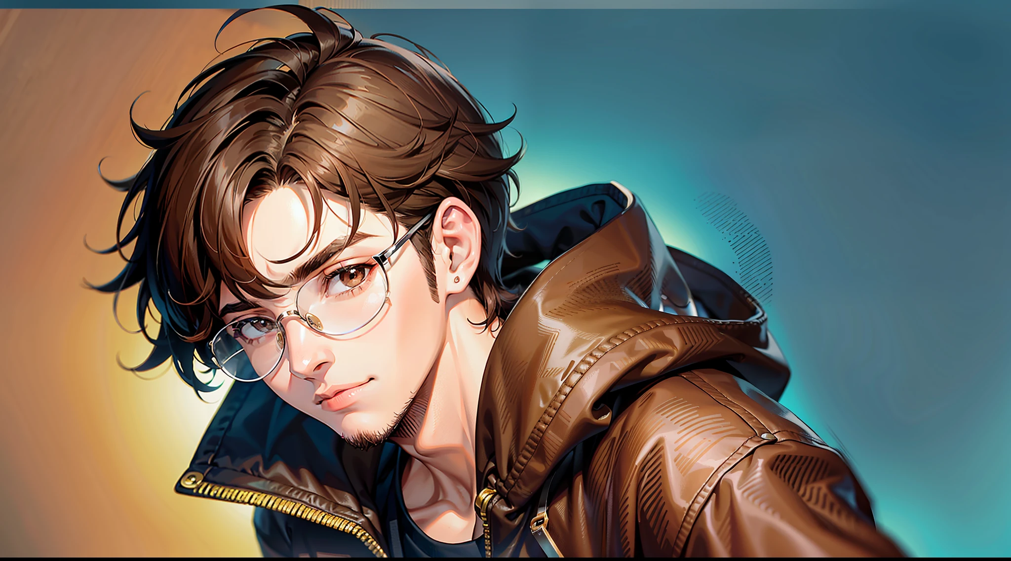Original and unique authentic character,A young man with medium weight,with brown hair,short and wavy,he has brown eyes. He wears a jacket, hooded sweaters, is 20 years old and wears glasses.