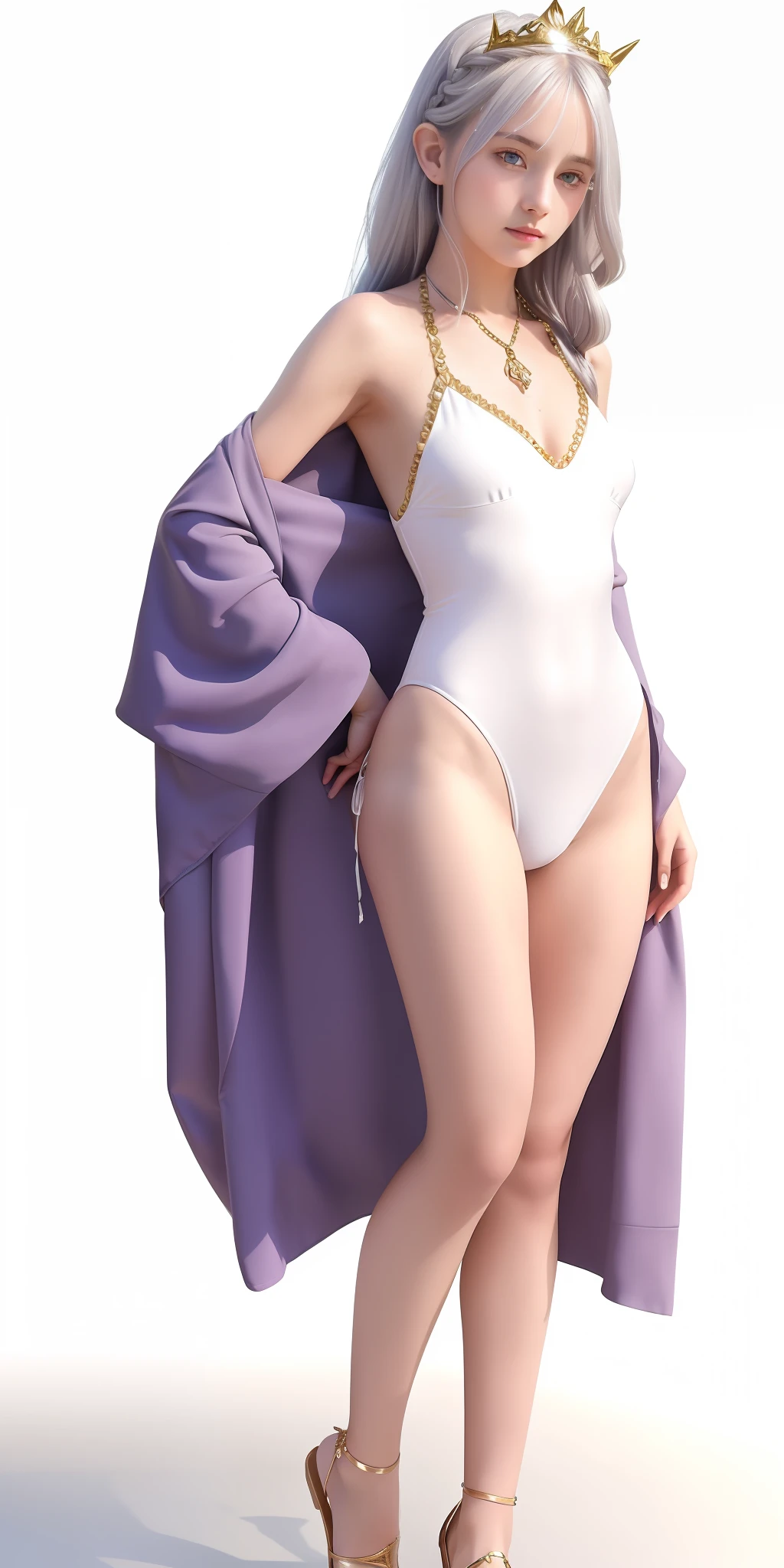 Top quality, very detailed, masterpiece, ultra-detailed, (realistic: 1.2), 1 girl, (white background), simple background, delicate eyes, silver hair, purple eyes, hair_ornament, (golden minuscule micro bikini), long hair, pointy_ears, crown_braid, embarrassed face, straight hair, full body, big breasts, figure with slightly spread legs, swimsuit with an impossibly small cloth area,