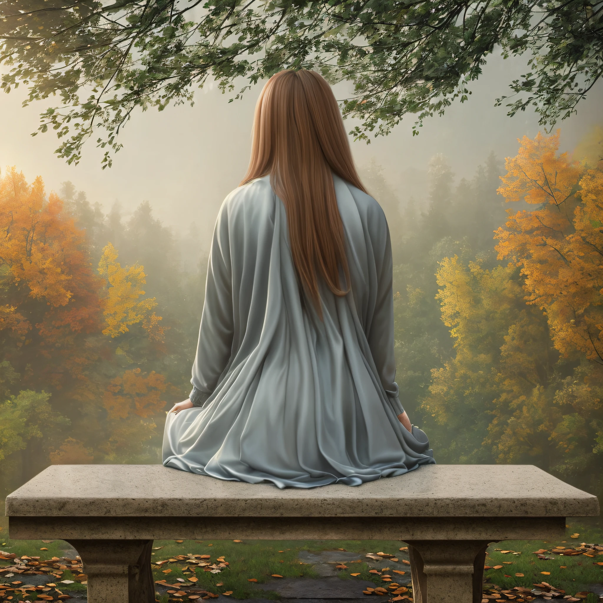 Ultra quality, reality high staircase in 4k of an adult woman, sitting on a square bench, showing deep sadness in a late autumn afternoon setting, with trees in the background, slightly cloudy or rainy sky, made in unreal engine, in shades of oil painting with shades inspired by the works of Leonardo Vinci.