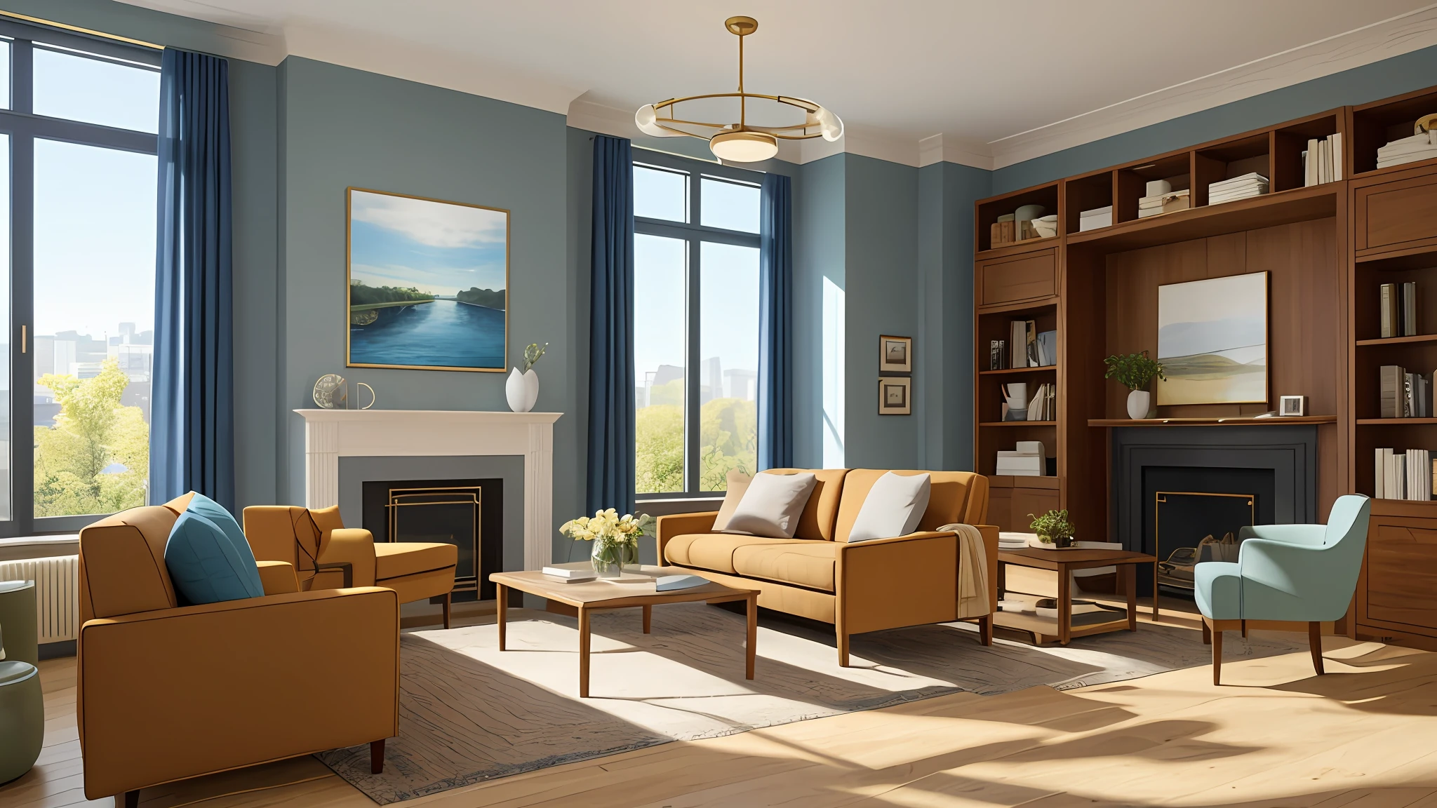 photorealistic modern living room, sharp and crisp background, sofa, low table, bookcase, parks and window buildings, wood and flower, beautiful landscape, best quality, masterpiece, hiring, in morning light, detailed lighting, blue sky, (((photo))), (((photorealistic))) ,kkw-ph1, wide shot, mockup for frame art, include a frame and a portrait on the walls