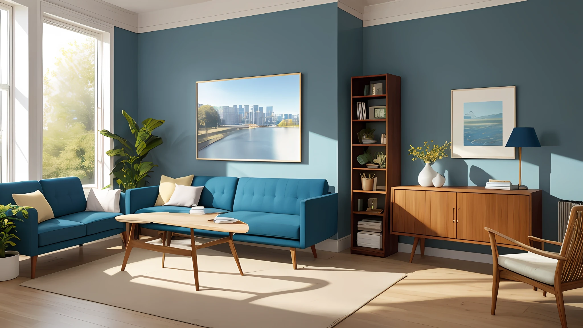 photorealistic modern living room, sharp and crisp background, sofa, low table, bookcase, parks and window buildings, wood and flower, beautiful landscape, best quality, masterpiece, hiring, in morning light, detailed lighting, blue sky, (((photo))), (((photorealistic))) ,kkw-ph1, wide shot, mockup for frame art, include a frame and a portrait on the walls