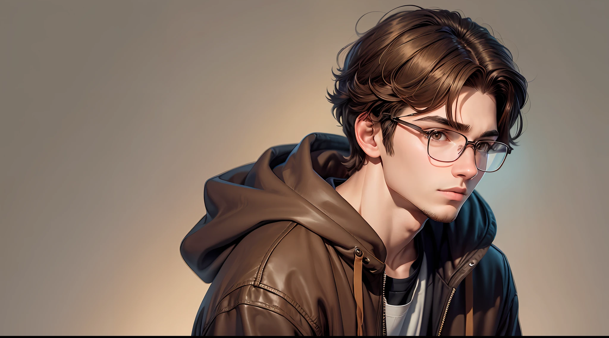 Original and unique authentic character,A young man with medium weight,with brown hair,short and wavy,he has brown eyes. He wears a jacket, hooded sweaters, is 20 years old and wears glasses. --auto --s2