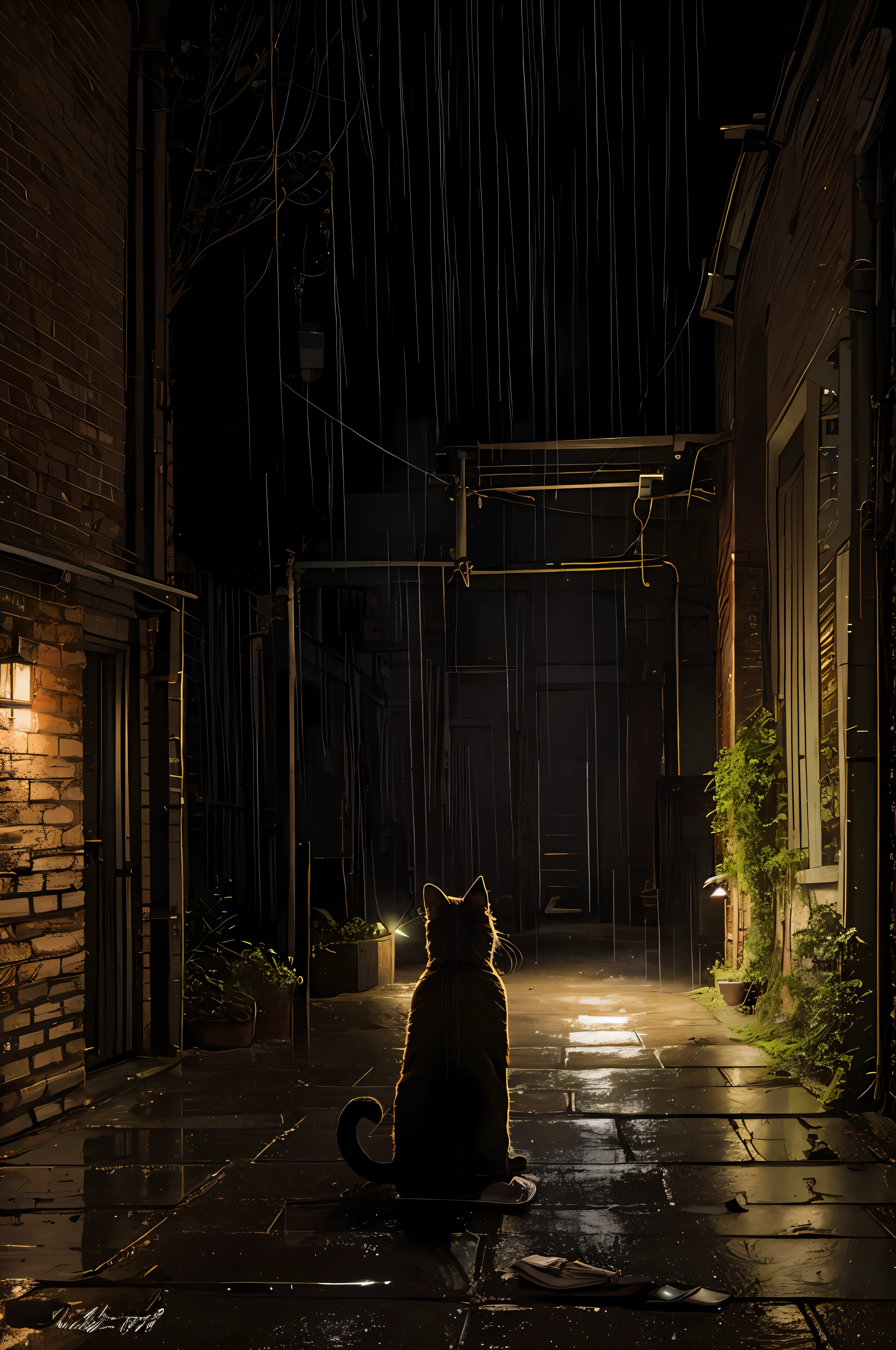A backyard alley cat sitting in the rain, London style,Spiders and cobwebs are tangled, cinematic lighting soft lighting