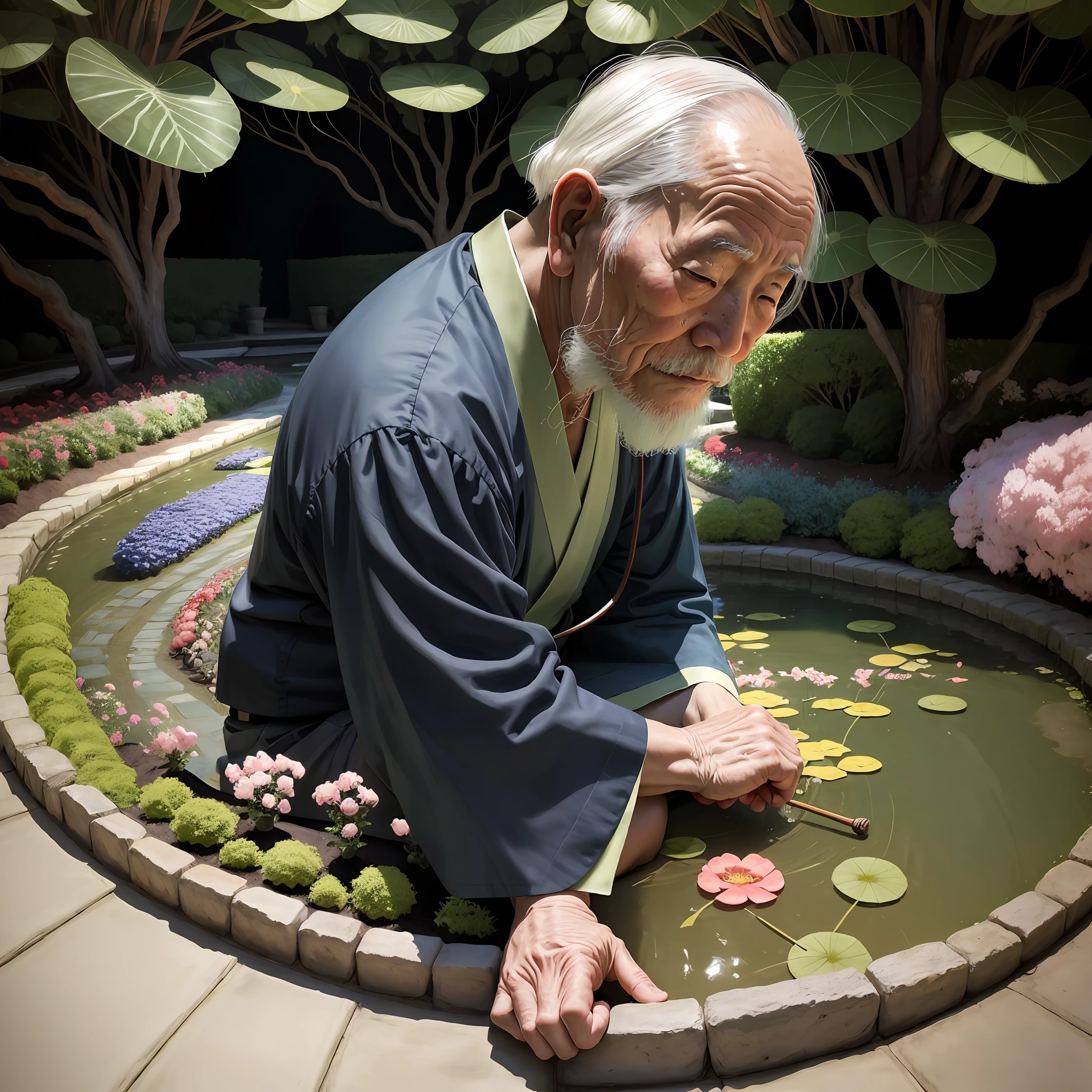 old japanese man in in a beautiful garden, surrounded by plants and flowers, drunk, Expressionism, Realism, Contemporary art, fisheye, 35mm, Canon, UHD, masterpiece, ccurate, super detail, award winning, high details, highres, 8k