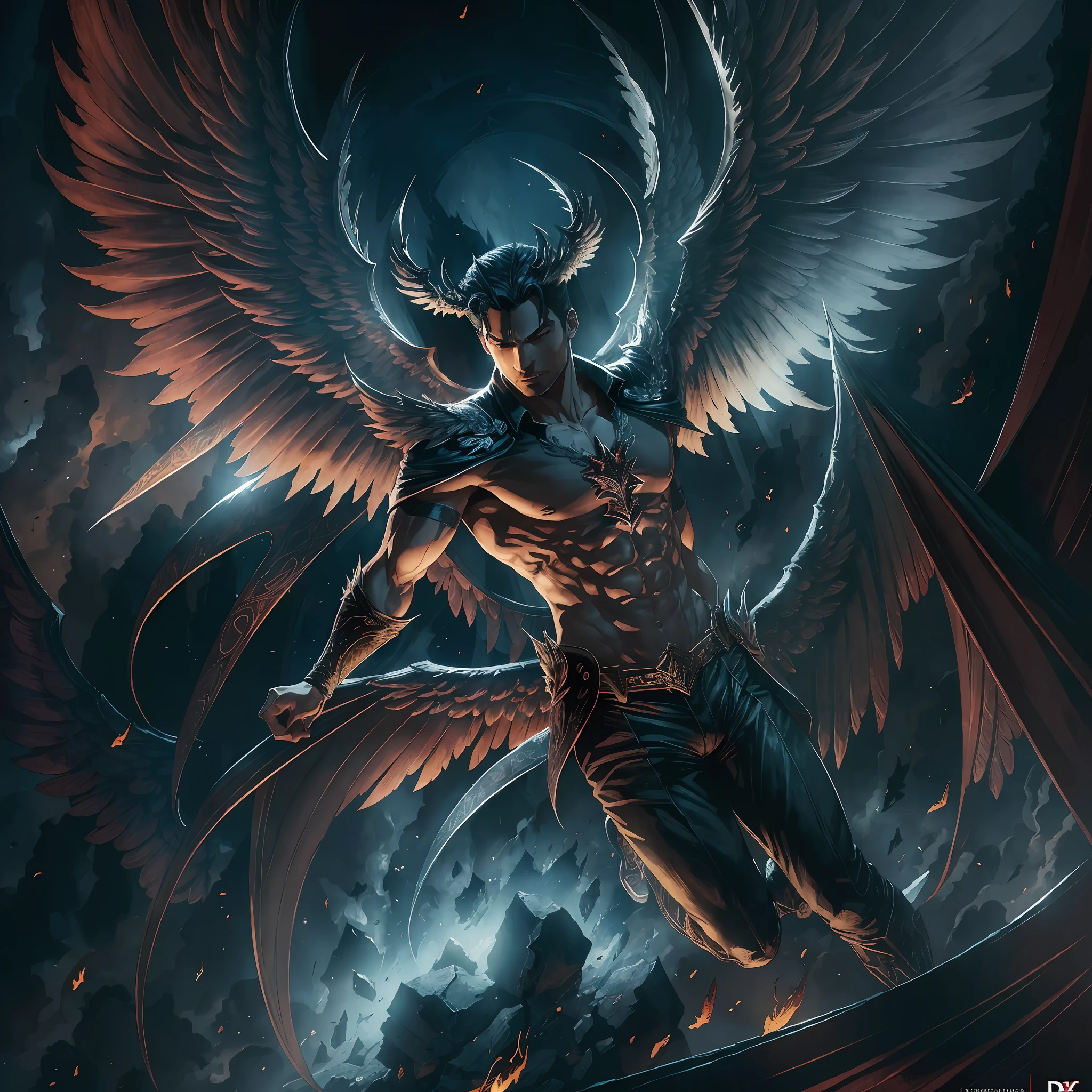 Lucifer Morningstar with open wings, DC Comics style, in a high-quality illustration with great detail and strong contrasts, in an imposing and powerful pose, highlighting his wings - the main features of this figure - with dramatic lighting and deep shadows. --auto --s2
