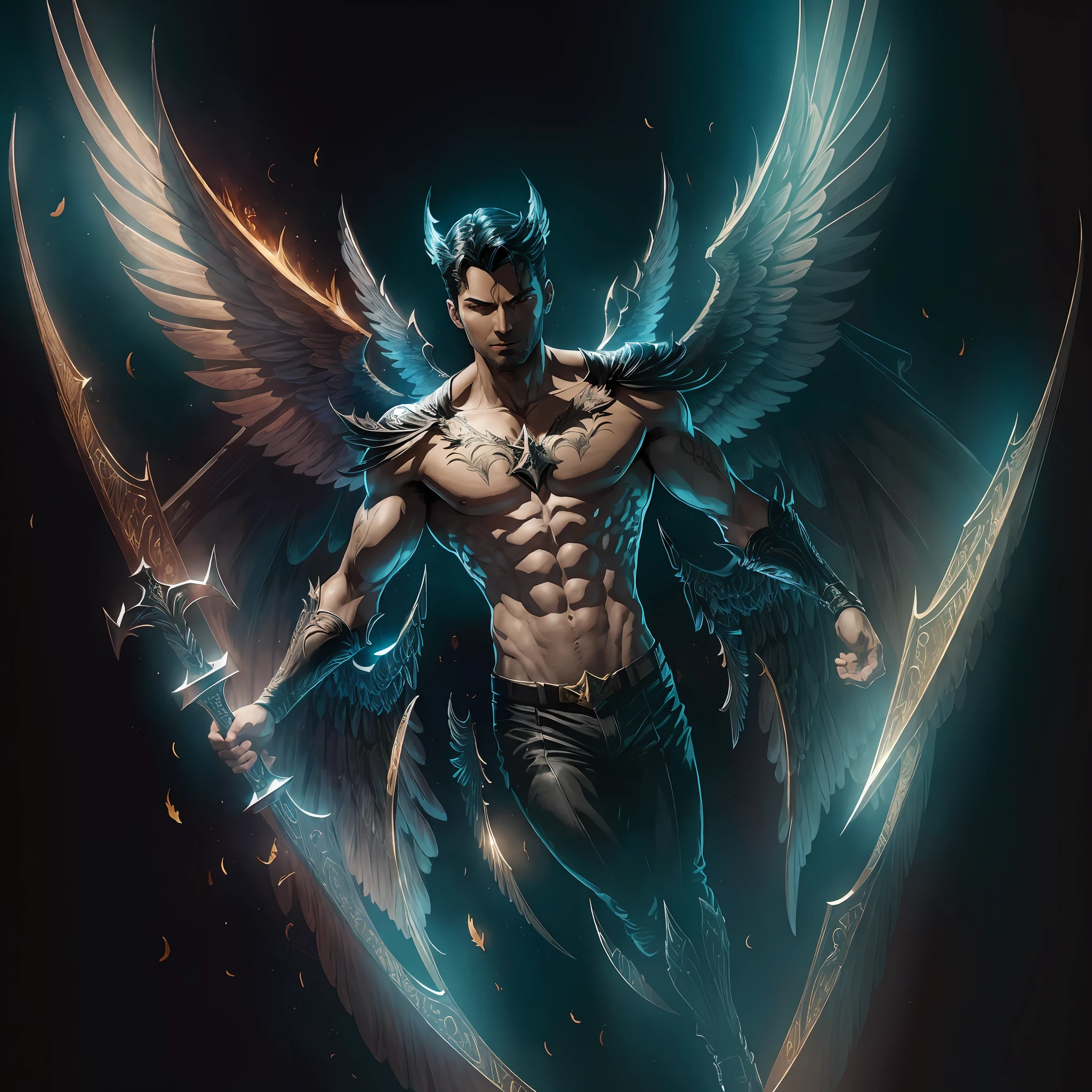 Lucifer Morningstar with open wings, DC Comics style, in a high-quality illustration with great detail and strong contrasts, in an imposing and powerful pose, highlighting his wings - the main features of this figure - with dramatic lighting and deep shadows. --auto --s2