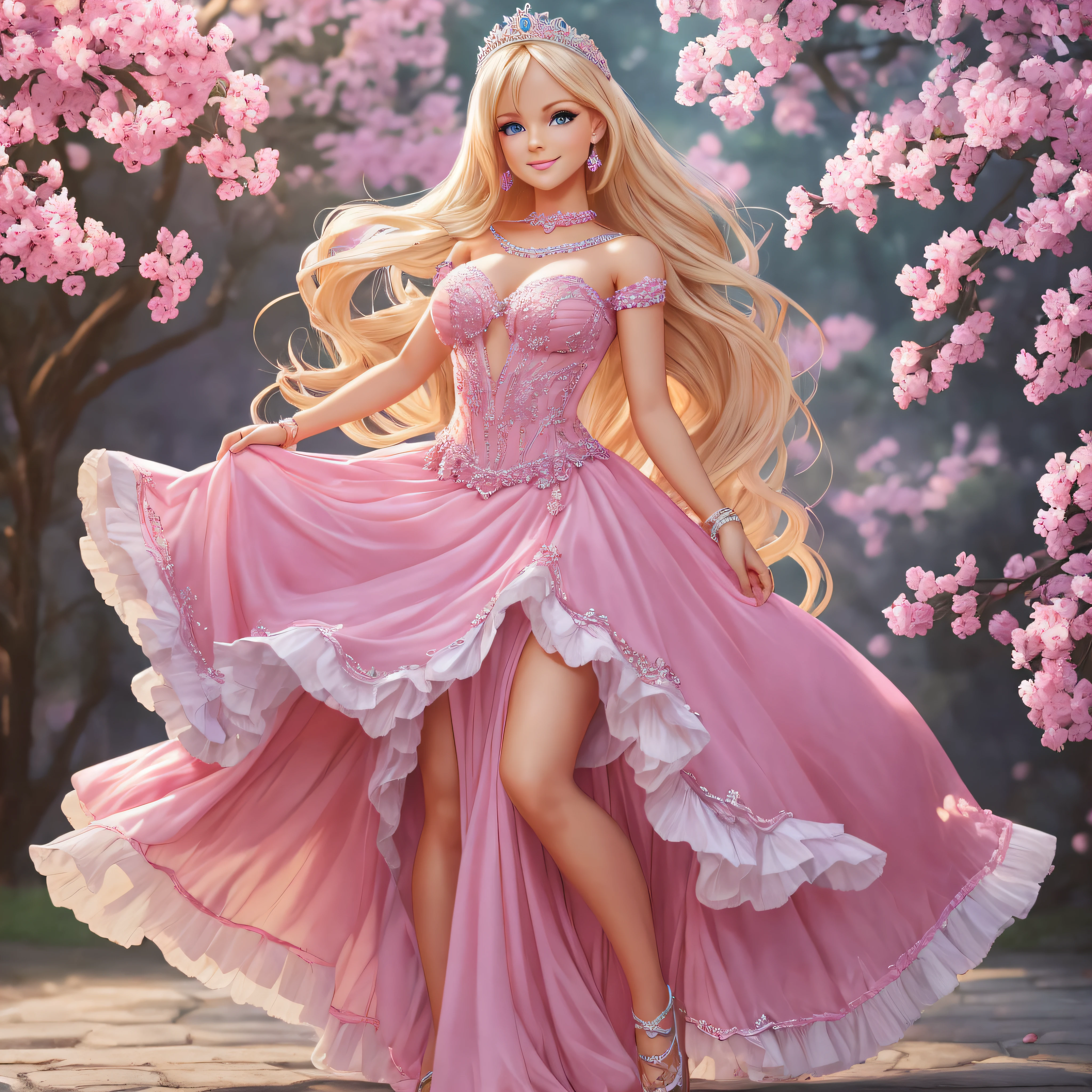 illustration posed, full body, dancing, pop, realistic, barbie style, very cute, beautiful smile, beautiful face, blush, well-groomed face, beautiful woman, beautiful blue eyes, bangs between the eyebrows, perfect anatomy, (blue eyes) , peach fuzz ,blonde hair, narrow waist, absurd, 8k resolution, delicate human hands, highly detailed, smooth, stunningly beautiful, young, detailed hairstyle, pink tiara ,pink long dress, fashion clothes, modern, barbie style. --auto --s2