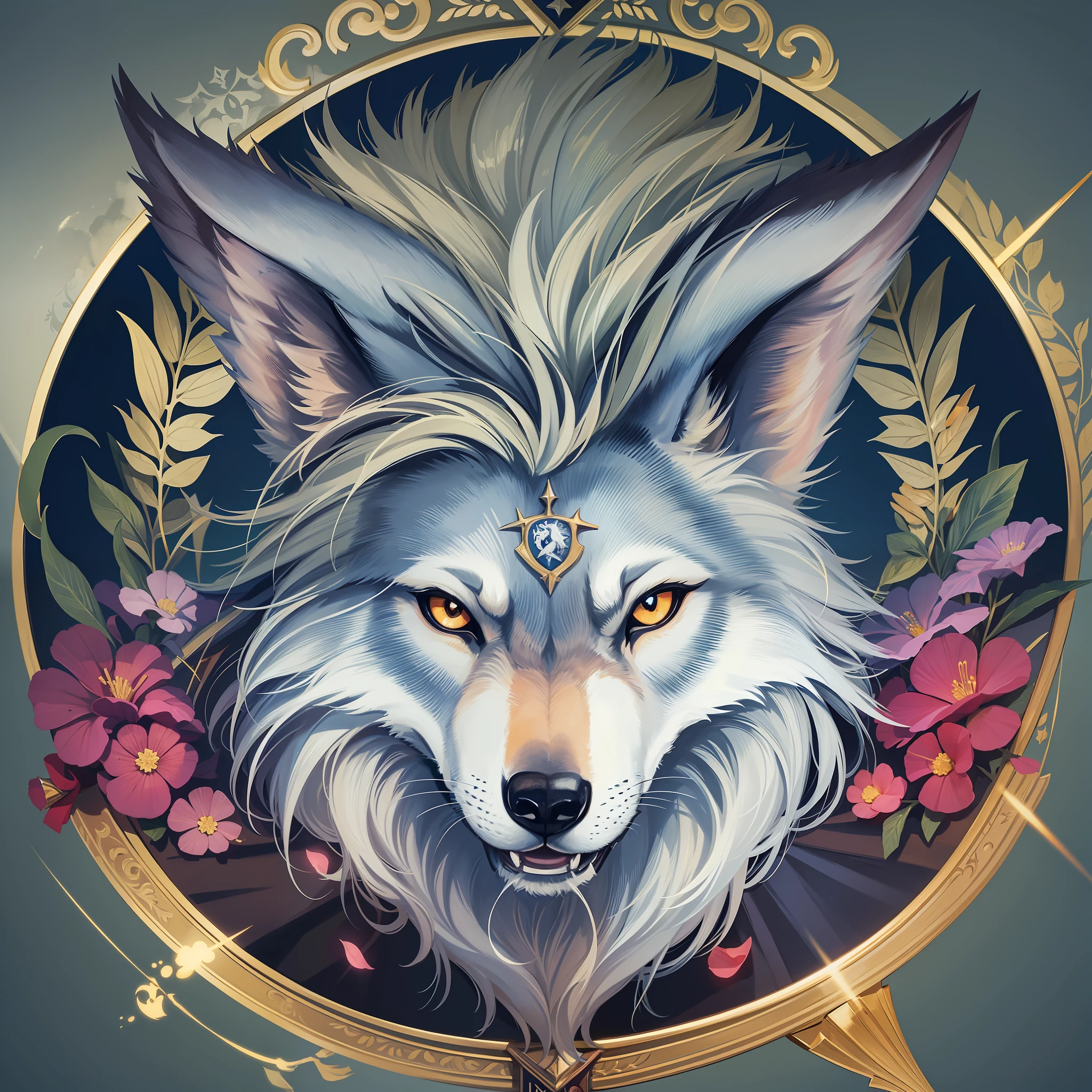 coat of arms, crossed magic wands, name of the coat of arms a wolf
