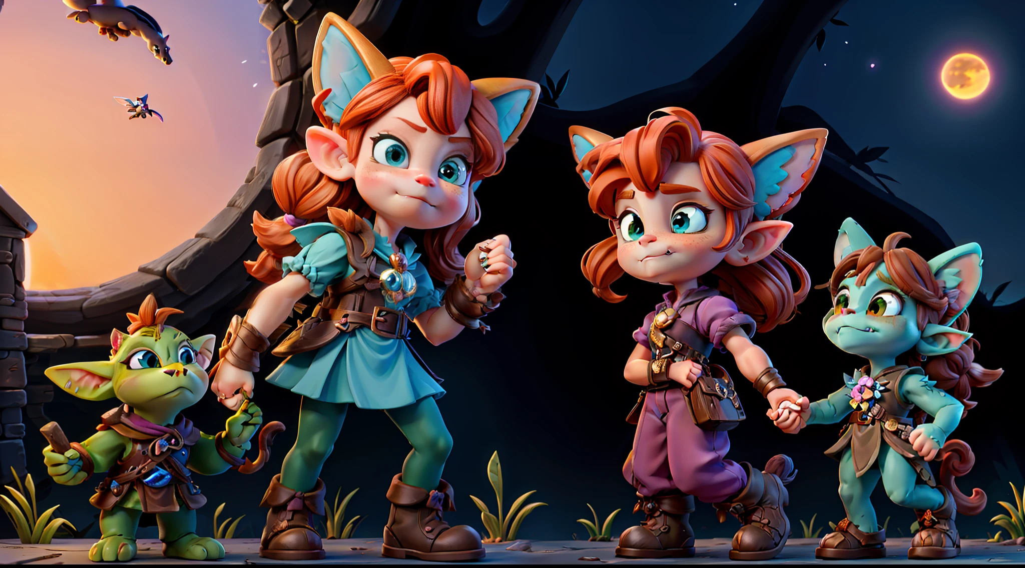Sophie, the cat, the fairy and the goblin holding hands at sunset