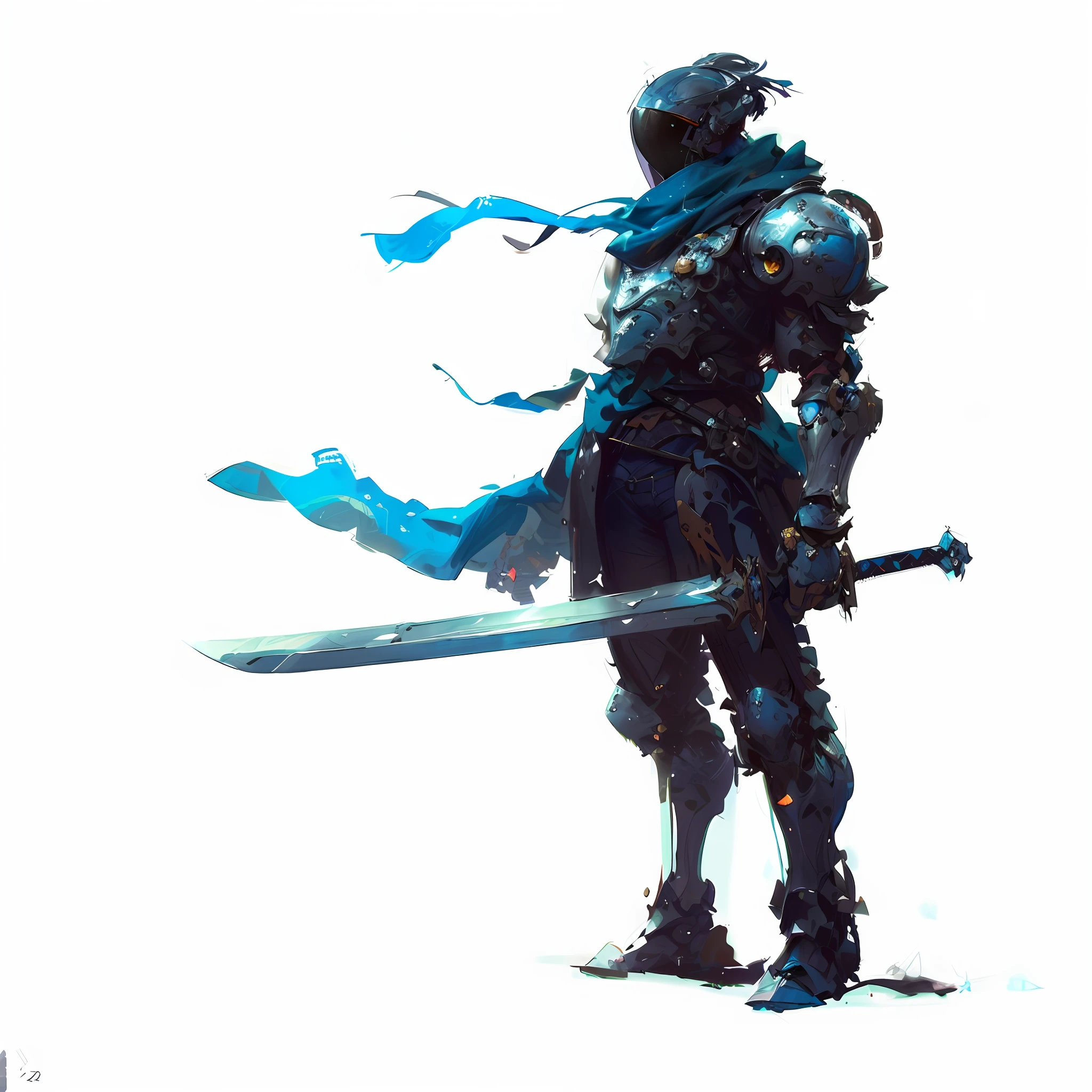 Robot in armor with sword and blue scarf, ragged armor, ragged scarf, Benedic Bana, fantasy night, Guillem H. Pongiluppi, illustration concept art, 2D concept art, Daniel Ljungren, strong fantasy night, high quality digital concept art, warrior concept art, magnificent exquisite character art, Digital Painting Concept Art --auto --s2