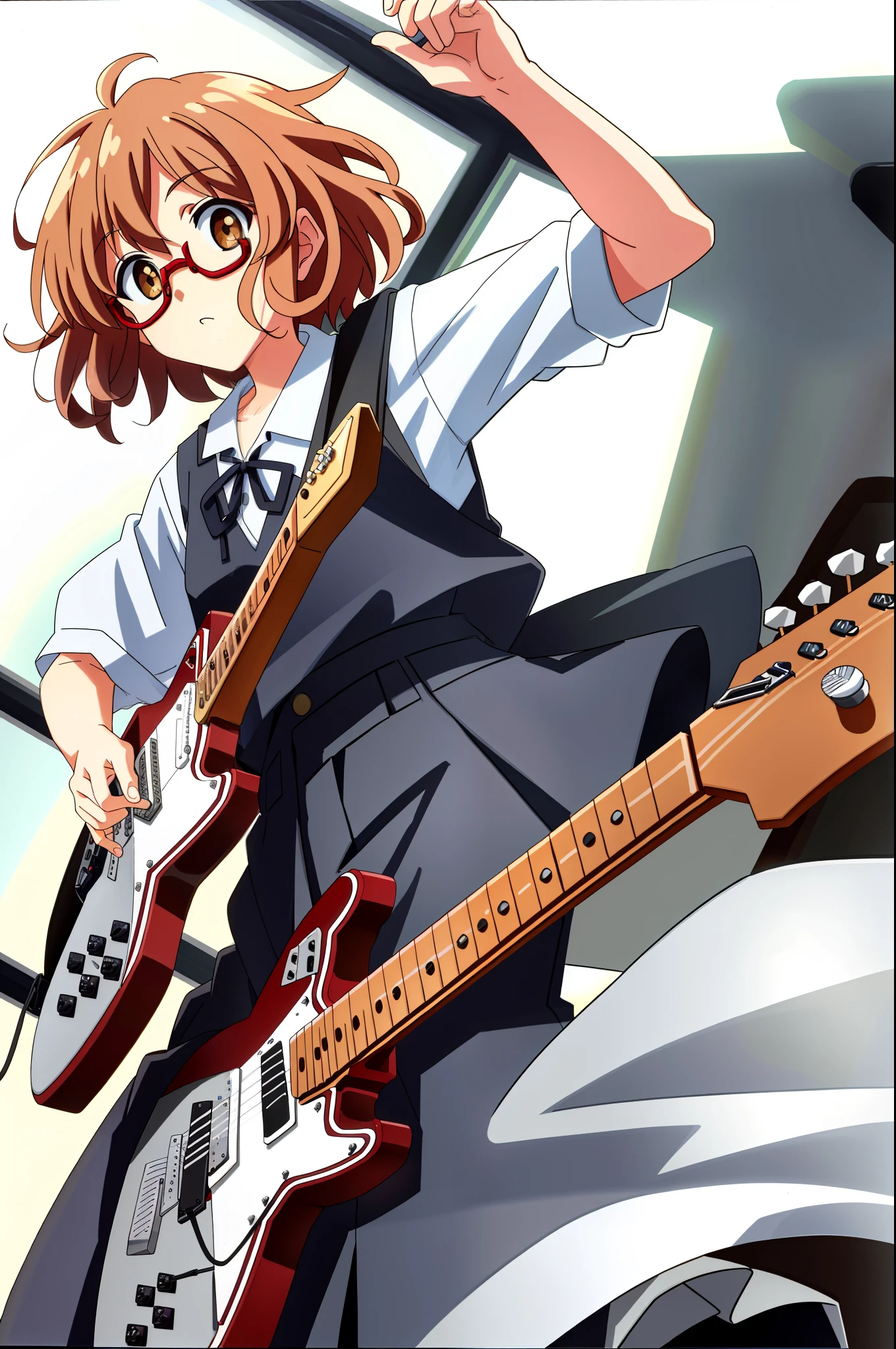 Mirai Kuriyama in casual clothes playing a black Fender Jazzmaster at an evening show, VHS, 90s, vintage, standing, detailed, white button-down shirt, black pants, red glasses, (dark), (hair covering eyes)