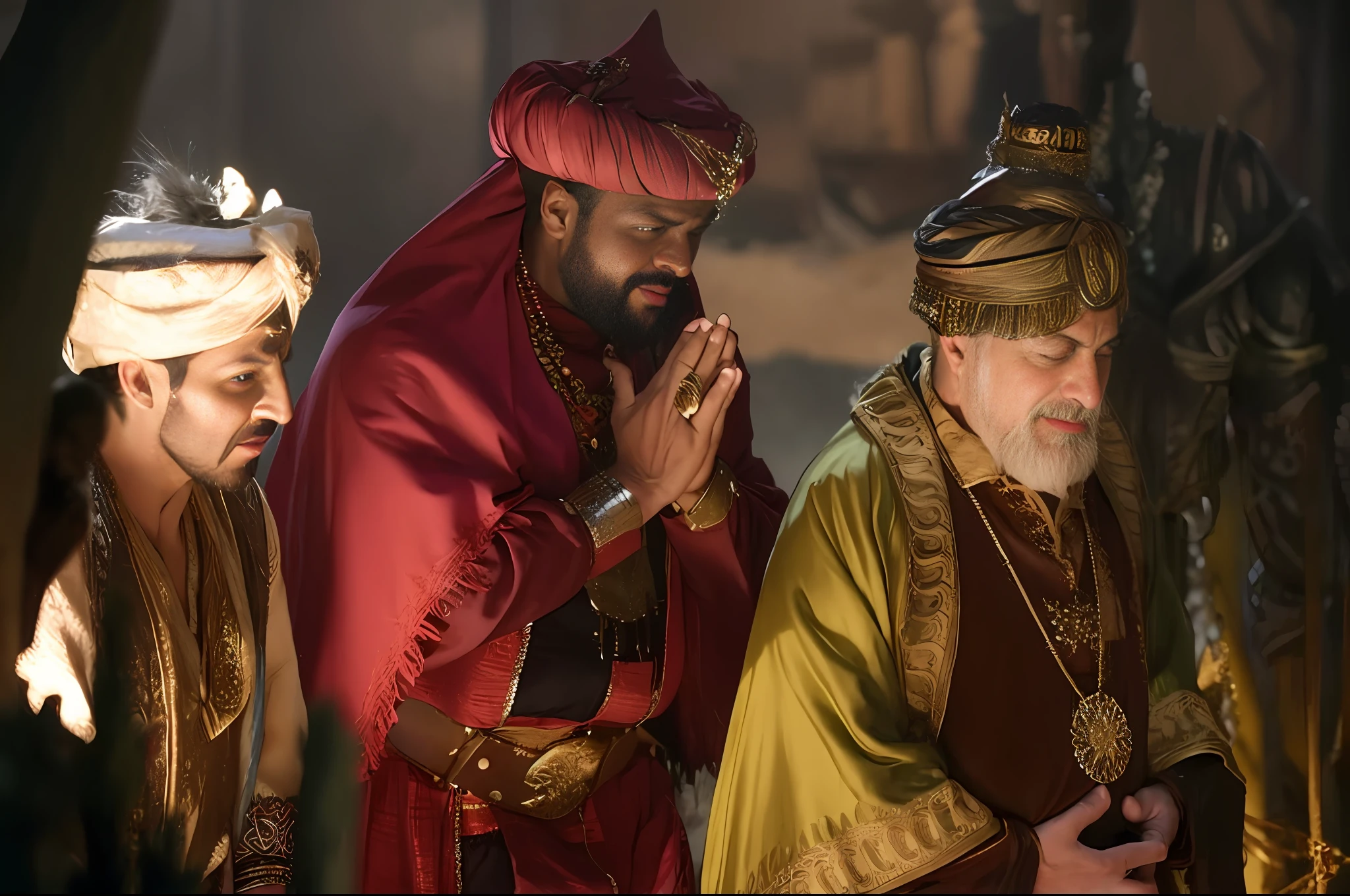 three men in colorful clothing stand in a group in a dark room, still image from tv series, scene from live action movie, still from a live action movie, sultan, scene from the film, actors, 1001 nights, still from a fantasy movie, edited, history drama, still from the movie, still image from the movie