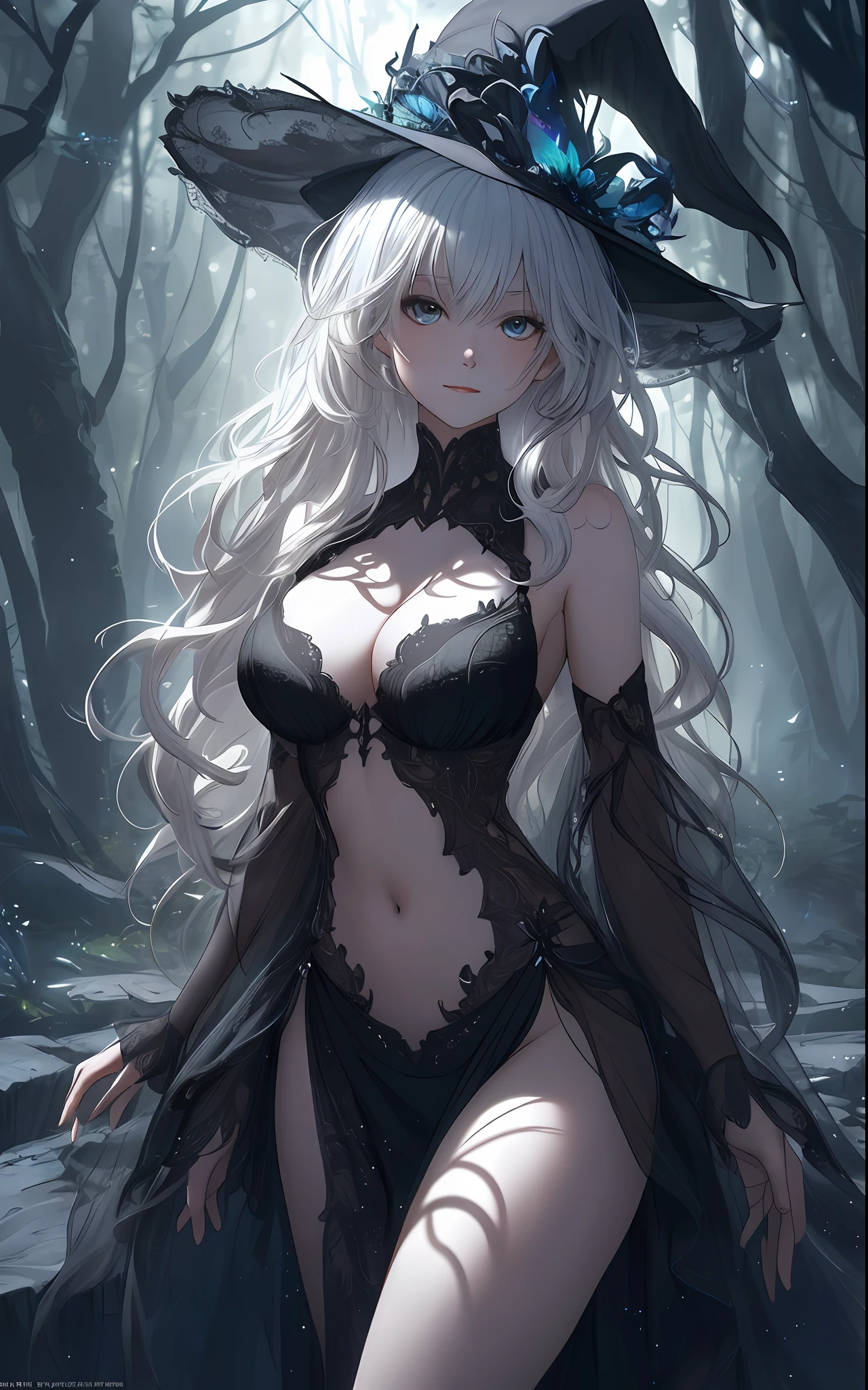 (extremely detailed CG unity 8k wallpaper, masterpiece, best quality, ultra-detailed),(best illumination, best shadow, an extremely delicate and beautiful), sensual, floating, mysterious, dark forest, bewitching, witchy, black gown, revealing neckline, boobs, cleavage, belly button piercing, long smooth hair, glowing magical symbols.