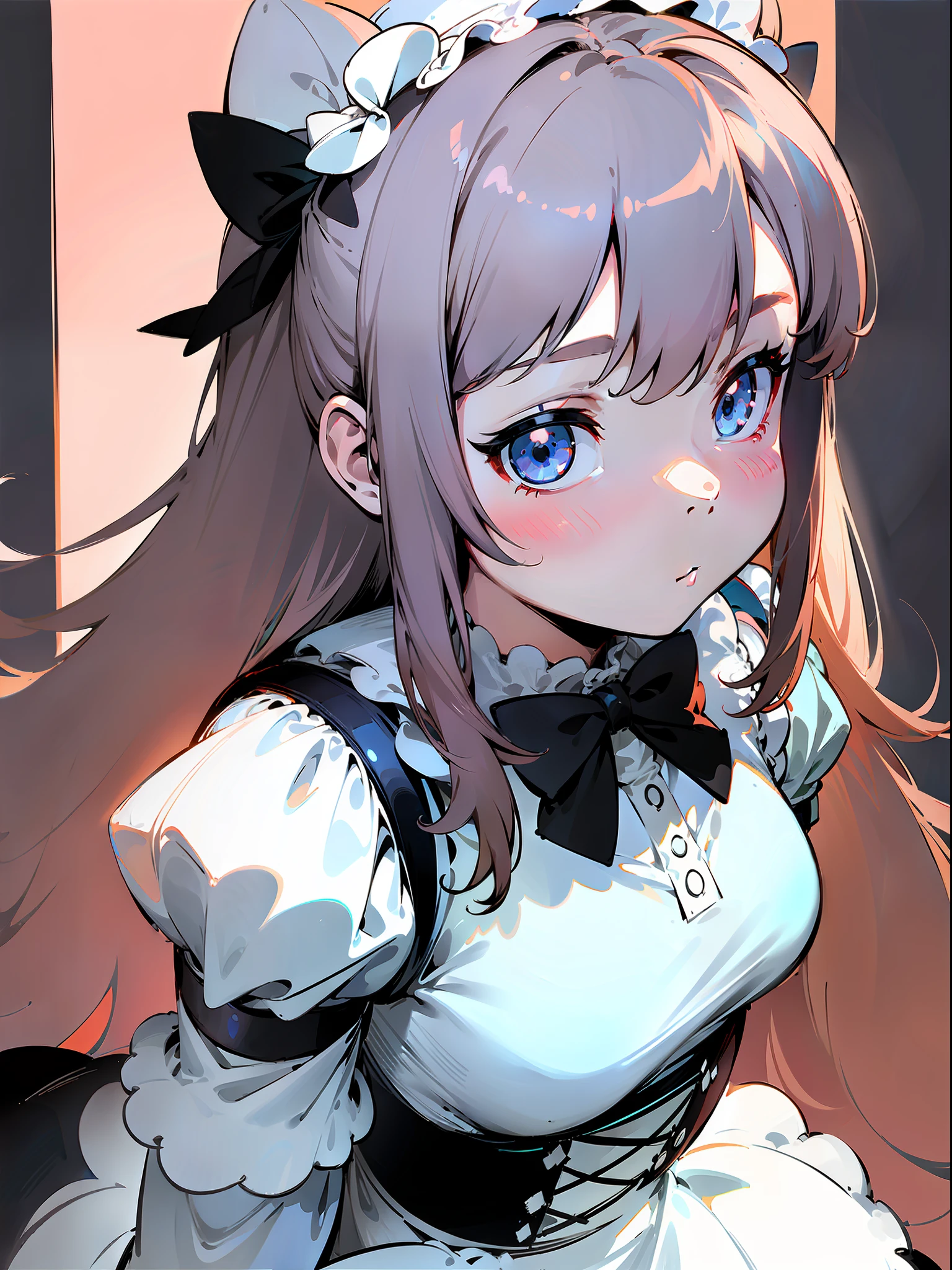 ((Best Quality)), (((Flat Color))), Thick Profile, Medium Lens, Bright Soft Diffuse Light, Depth of Field, LOLI, ((Upper Body)), From Above, Black and White Maid Outfit, Genki Perspective