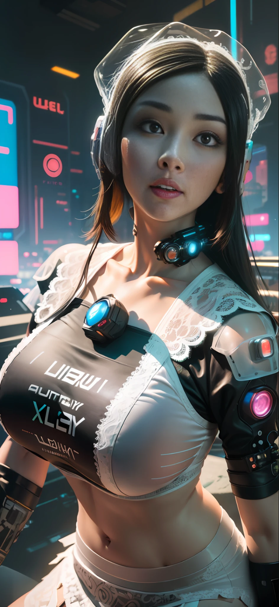 ((Best quality)), ((masterpiece)), (highly detailed:1.3), 3D, beautiful, (cyberpunk:1.6), in space, nebula, (holding_weapon:1.3), laser, (1Female mecha:1.3), sexy body, facing the audience, Glowing eyes, full body, (flying, swooping down, dynamic, motion blur: 1.4), (huge mech wings: 1.6), looking up, glowing_eyes, mecha, panorama, background is earth, nebula, space, particles, Reality, HDR (High Dynamic Range), Ray Tracing, NVIDIA RTX, Super Resolution, Unreal 5, Subsurface Scattering, PBR Textures, Post Processing, Anisotropic Filtering, Depth of Field, Maximum Clarity and Clarity, Multilayer Textures, Albedo and Specular maps, Surface shading, accurate simulation of light-material interaction, perfect proportions, Octane Render, two-tone lighting, large aperture, low ISO, white balance, rule of thirds, 8K RAW, efficient sub-pixel, sub-pixel volume product,  (best quality),(Japanese:0.5),(korean:0.8), (Liu Yi Fei:1.5) long hair, (big breast:1.2),(underboob:1.5), (white transparent lace mini skirt:1.5)