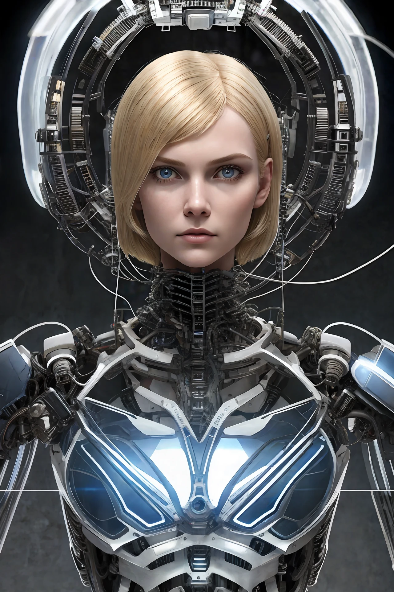 Complex 3D rendering, ultra detailed, beautiful porcelain profile woman, android face, blonde, cute, girl, short cut
Surrealistic, futuristic, anatomical, facial muscles,
Gorgeous cyberpunk, cyborg, android, robot, robot parts, mechanical body, hollow body, transparent body, see through, coating, translucent body, mechanical parts, cable wire, microchip, alloy, metal, gear, clockwork, wire, hydraulic, exoskeleton,
Beautiful studio soft light, rim light, vivid details, elegant, beautiful background, octane rendering, H.R. Giger style, 8K, top quality, masterpiece, illustration, very fine and beautiful, highly detailed, cg, unity, wallpaper, (real, photo real: 1.37), amazing finely, masterpiece, top quality, official art, highly detailed, CG unity 8k wallpaper, absurdres, incredibly absurdres,
Full body,