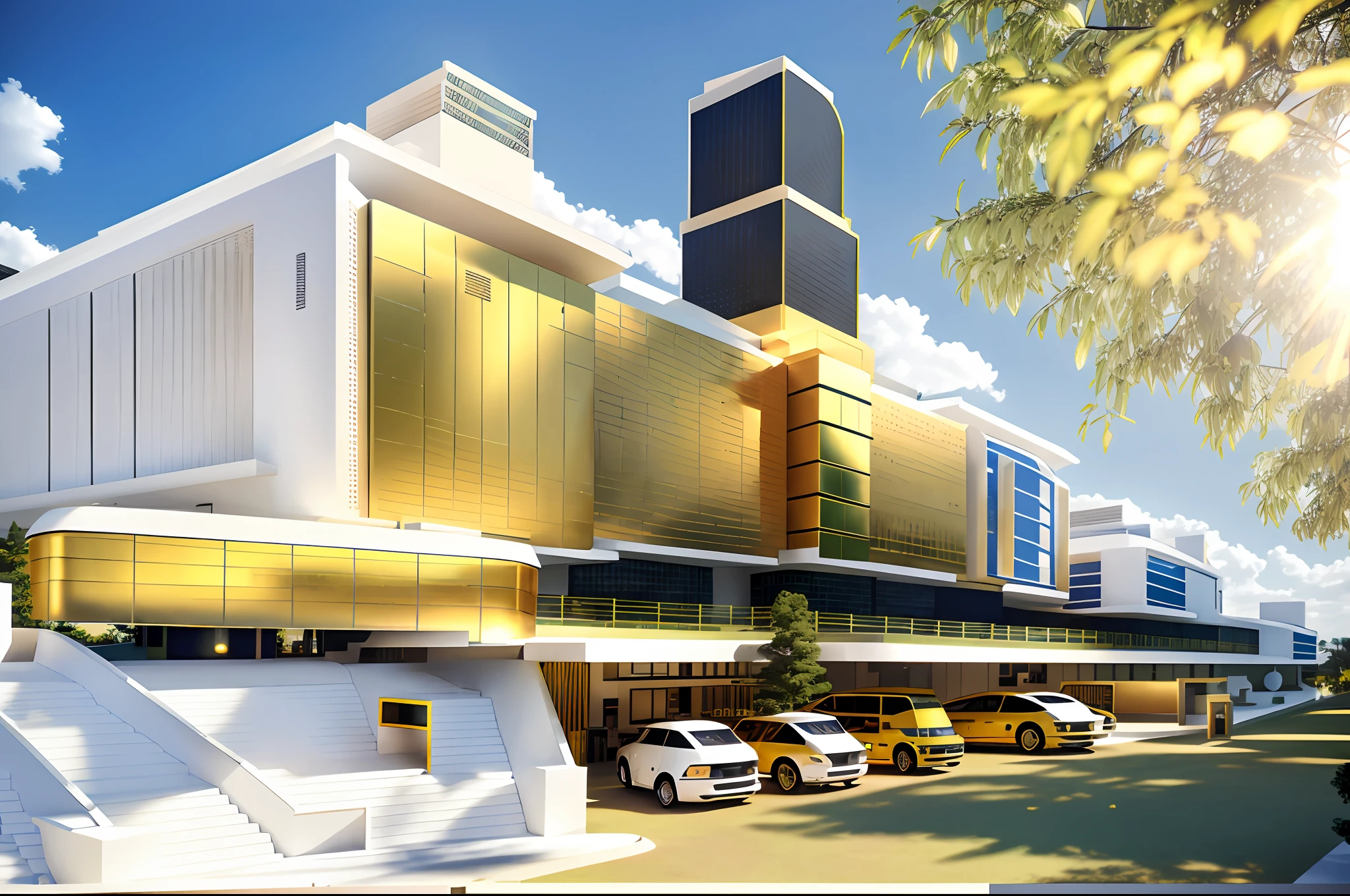 (((futuristic))) a large white university building with a golden clock tower, students moving infront of building, hospital, front view, historical image, historical setting, centre image, osborne macharia, archive photo, thomas kinkaide, medical complex, town hall, private school, high school, exterior view, historical photograph, full - view