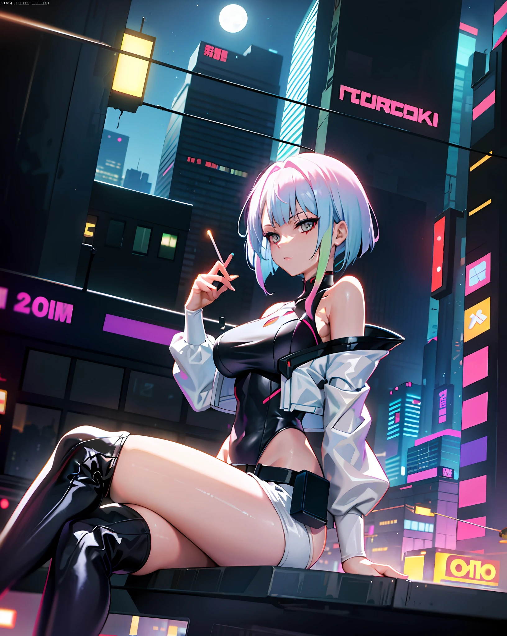 masterpiece, best quality, highres, lu1, cyborg, multicolored hair, makeup, bare shoulders, black leotard, highleg leotard, (thong:1.1), white jacket, open jacket, belt, shorts, lucy \(cyberpunk\) sitting a bench in a city,crossing legs, holding,,holding, holding cigarette between fingers, anime cyberpunk art, digital cyberpunk - anime art, seductive anime girl art, female cyberpunk anime girl,  Looking at the viewer, full moon over the city, night