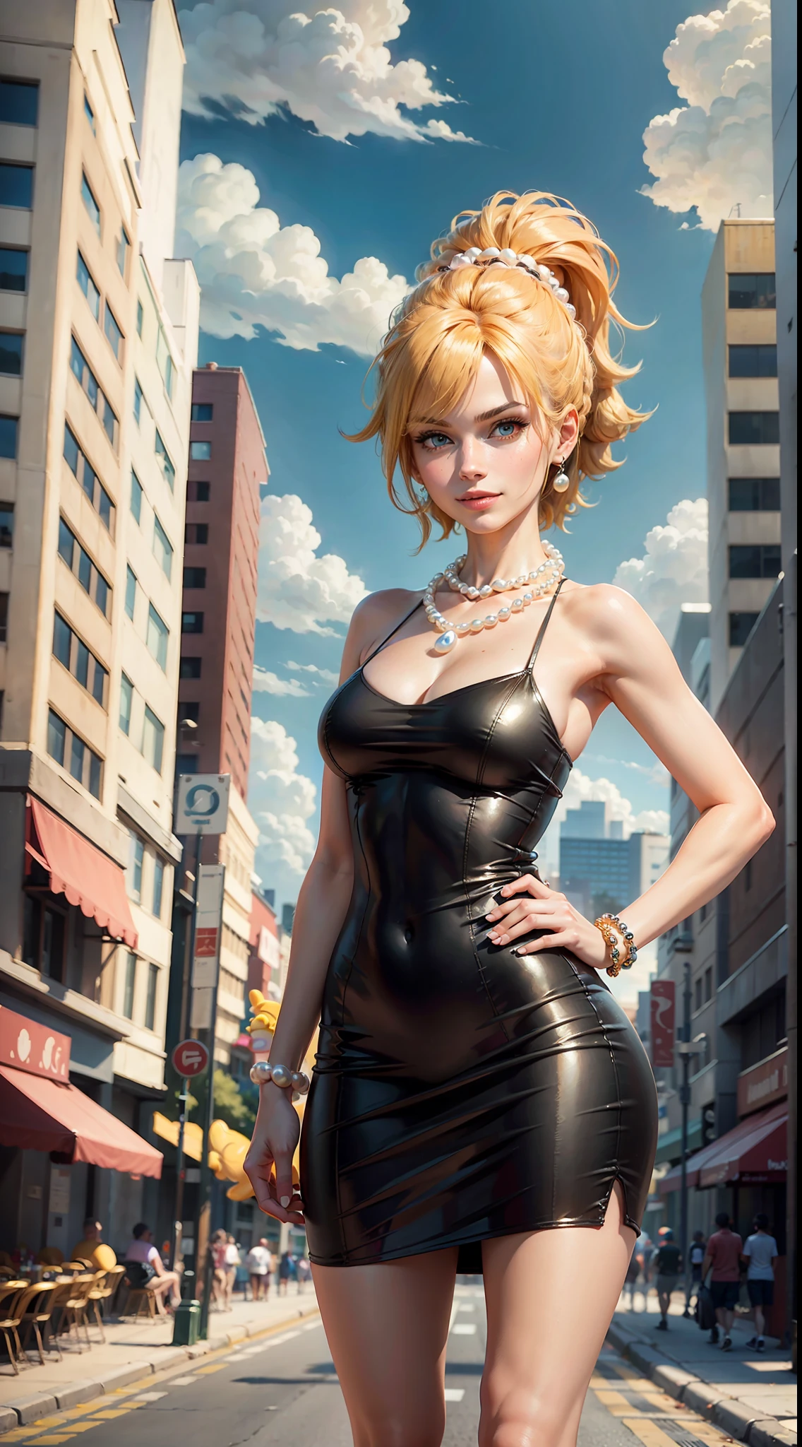 masterpiece, maximum quality, ultra high resolution, 8k, Lisa Simpson (The Simpsons), full body, alone, very thin, very detailed face, incredibly identical face, detailed eyes, mischievous smile, cheerful, human pellet, wearing a short red dress, realistic photo, totally realistic, human pellet, studio lighting, on the streets of Springfield, fully humanized, wearing large pearl necklace