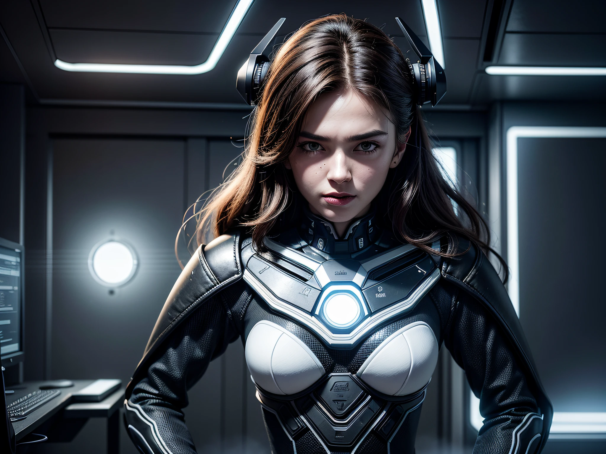 ((Best quality)), ((masterpiece)), (highly detailed:1.3), 3D,full body portrait,rfktr_technotrex, beautiful cyberpunk woman,(wearing head-mounted display that is chunky and hi-tech with neon lights:1.2),wearring a cape,computer hacking,computer terminals,soft glow from neon lights,micro-electronics,computer servers, LCD screens, fibre optic cables, corporate logos,vibrant colours,HDR (High Dynamic Range),Ray Tracing,NVIDIA RTX,Super-Resolution,Unreal 5,Subsurface scattering,PBR Texturing,Post-processing,Anisotropic Filtering,Depth-of-field,Maximum clarity and sharpness,Multi-layered textures,Albedo and Specular maps,Surface shading,Accurate simulation of light-material interaction,Perfect proportions,Octane Render,Two-tone lighting,Low ISO,White balance,Rule of thirds,Wide aperature,8K RAW,Efficient Sub-Pixel,sub-pixel convolution,luminescent particles,light scattering,Tyndall effect