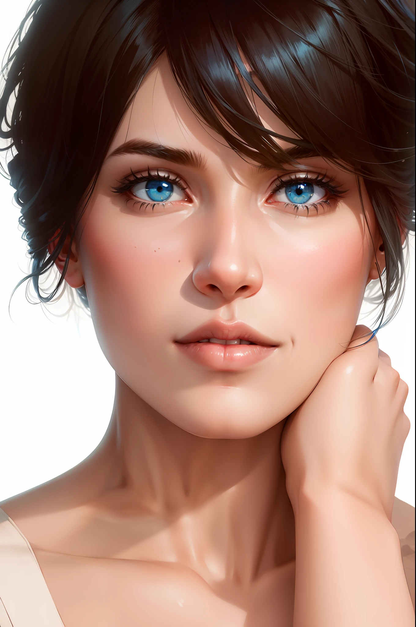 A beautiful woman with blue tied hair, in a military outfit, in a destroyed scenery, 32k, realistic, 8k, light cinematics,