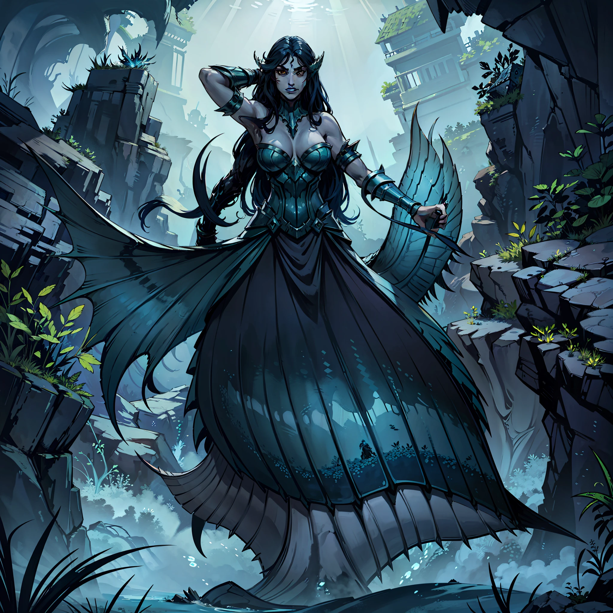 escakmafemea, mermaid, giant, very long hair, dark blue hair, led gray skin, green and blue fins, underwater, wearing full armor, large fangs, hatred, fish, seabed, green and red blue scales, spines on the back, extra arms