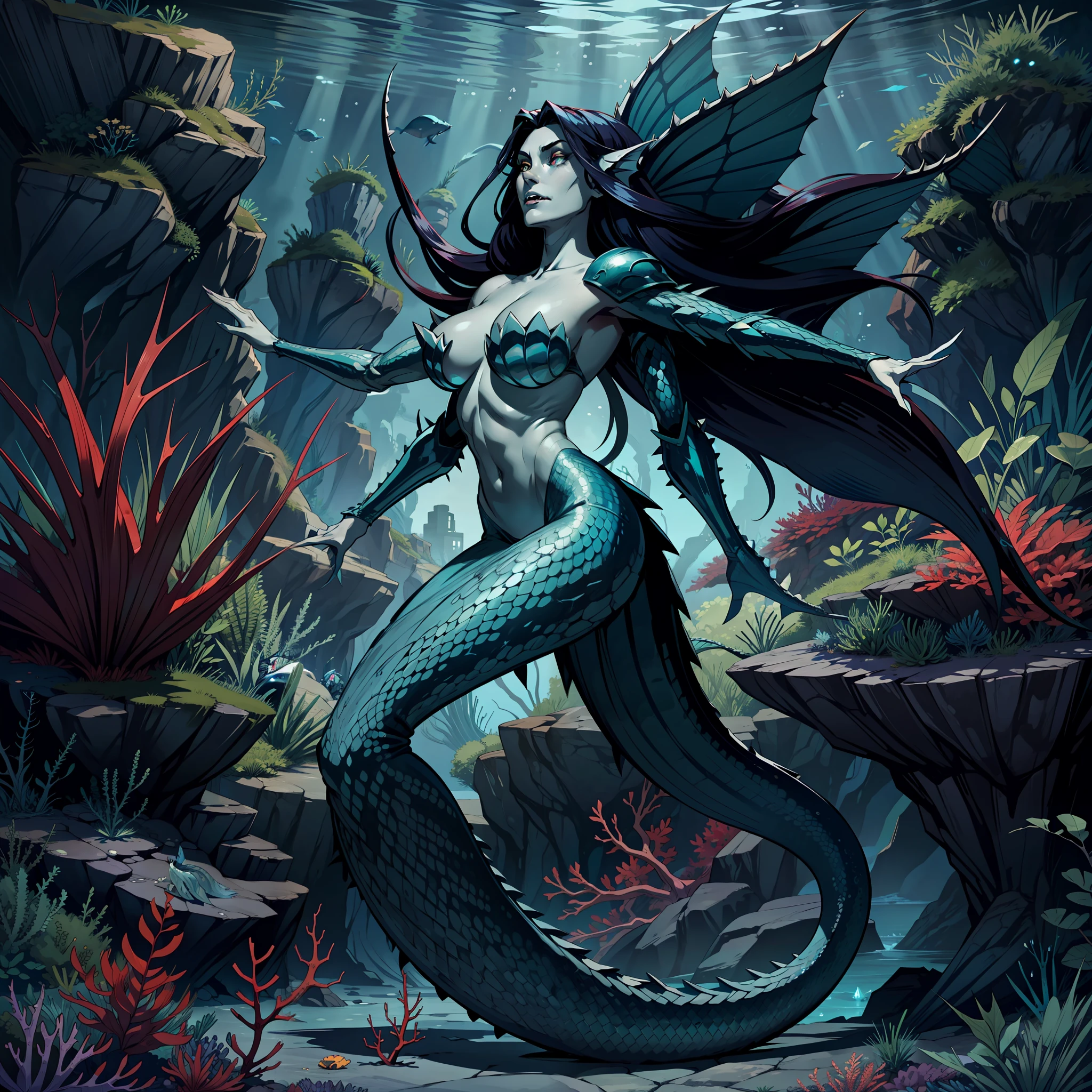 escakmafemea, mermaid, giant, very long hair, dark blue hair, led gray skin, green and blue fins, underwater, wearing full armor, large fangs, hatred, fish, seabed, green and red blue scales, spines on the back, extra arms