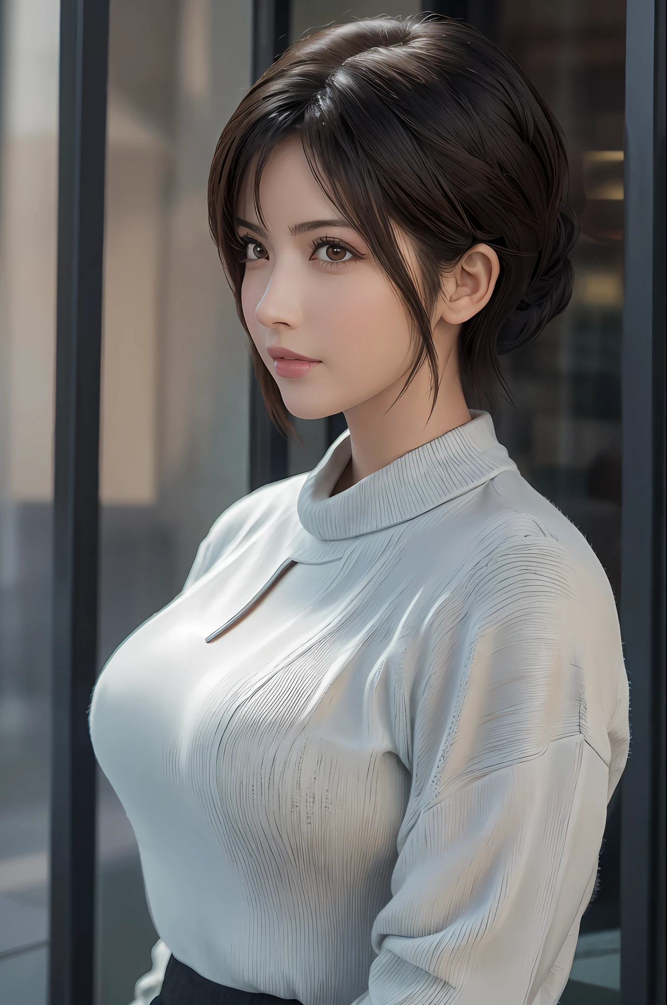 (Masterpiece: 1.3), (8k, Photorealistic, RAW Photo, Best Quality: 1.4), (1girl), Beautiful Face, (Realistic Face), (Black Hair, Short Hair: 1.3), Beautiful Hairstyle, Realistic Eyes, Beautiful Detail Eyes, (Realistic Skin), Beautiful Skin, (Sweater), Absurd, Attractive, Ultra High Definition, Ultra Realistic, High Definition, Golden Ratio, FF Tifa