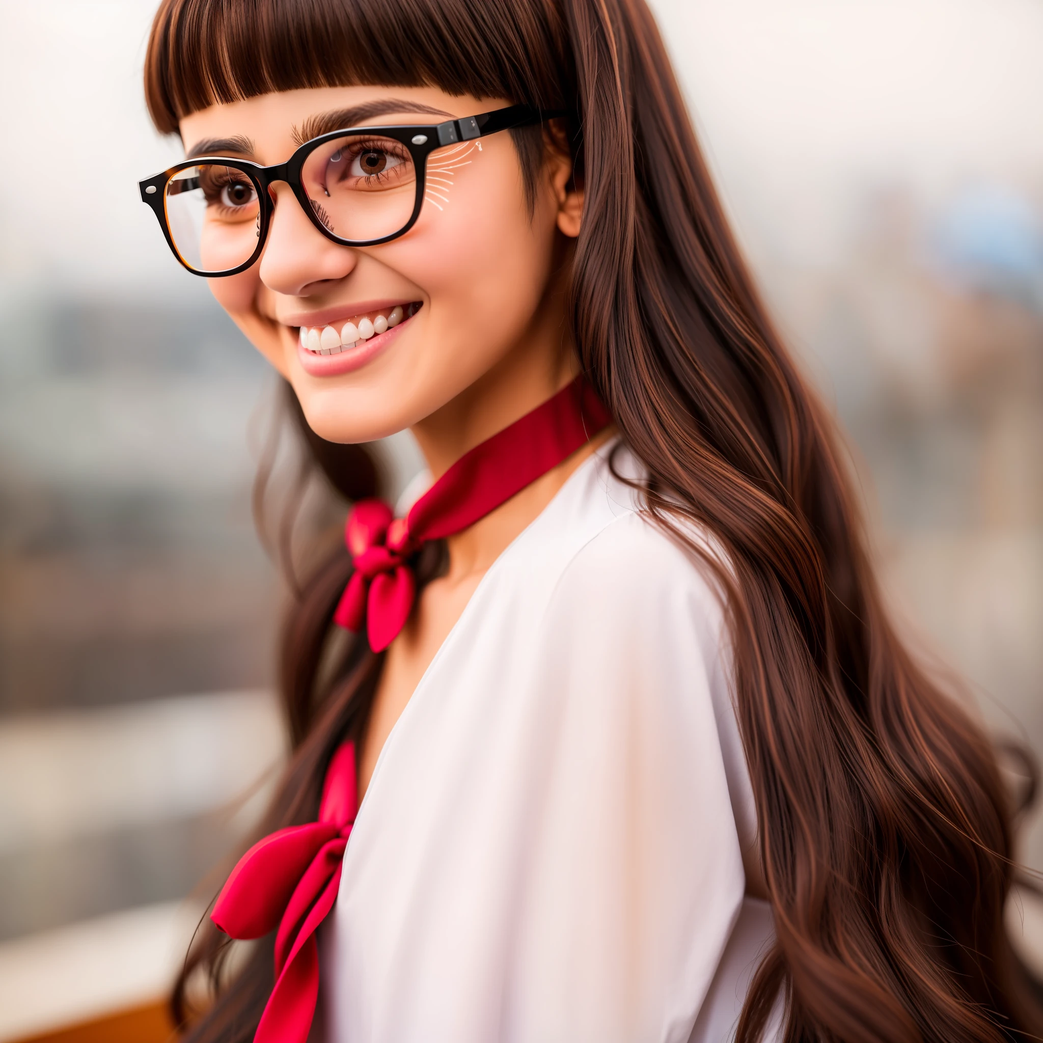 (RAW photo, best quality), (realistic, photo-realistic:1.2), a close up portrait photo,
1girl, shopping mall rooftop cafe, outdoor,
smile, (high detailed skin:1.4),
puffy eyes, gorgeous hair, air bangs, brown black hair,
white opaque shirt with bow tie, pure red pleated skirt,
soft lighting, high quality,((glasses))