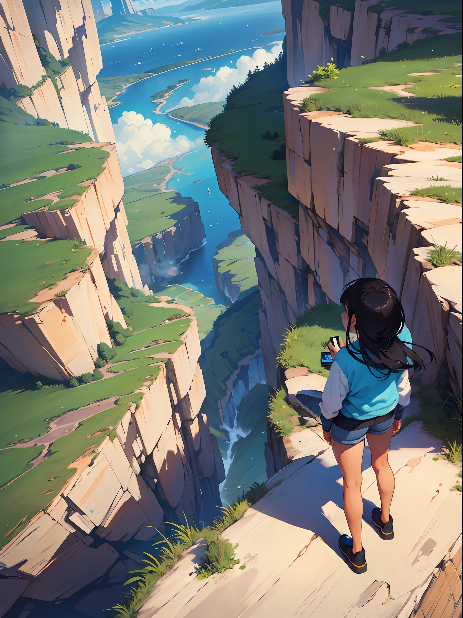 illistration of a yourg pixar girl looking over the edge of the earth --auto --s2