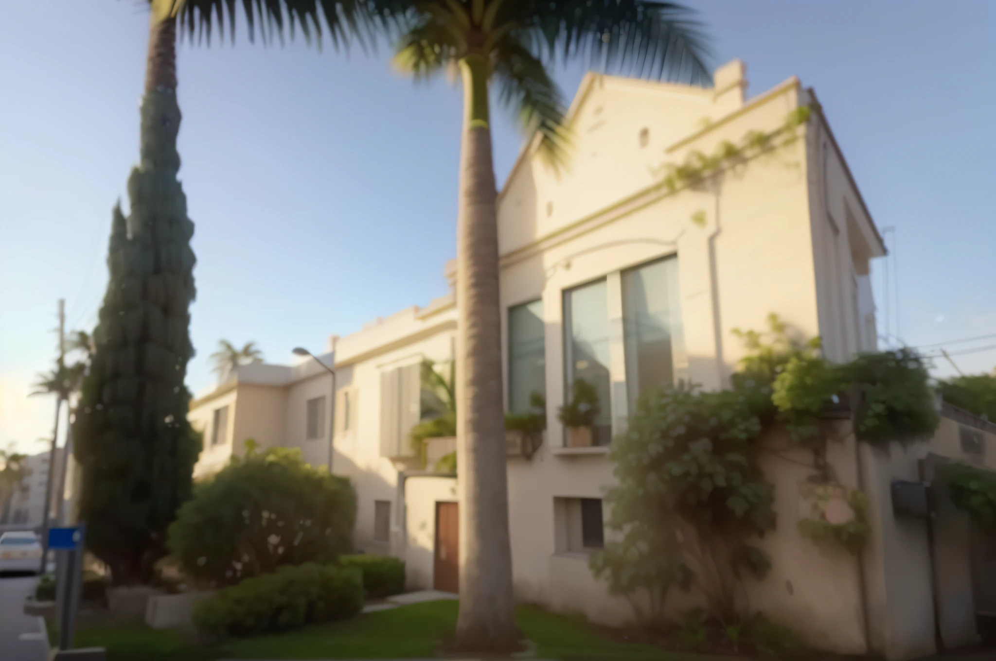 there is a palm tree in front of a building with a parking meter, with palm trees in the back, view from the street, seen from outside, palm trees outside the windows, exterior view, outside view, [ 4 k photorealism ], blurred photo, with palm trees and columns, from street level, view from across the street, blurry background of the library --auto --s2