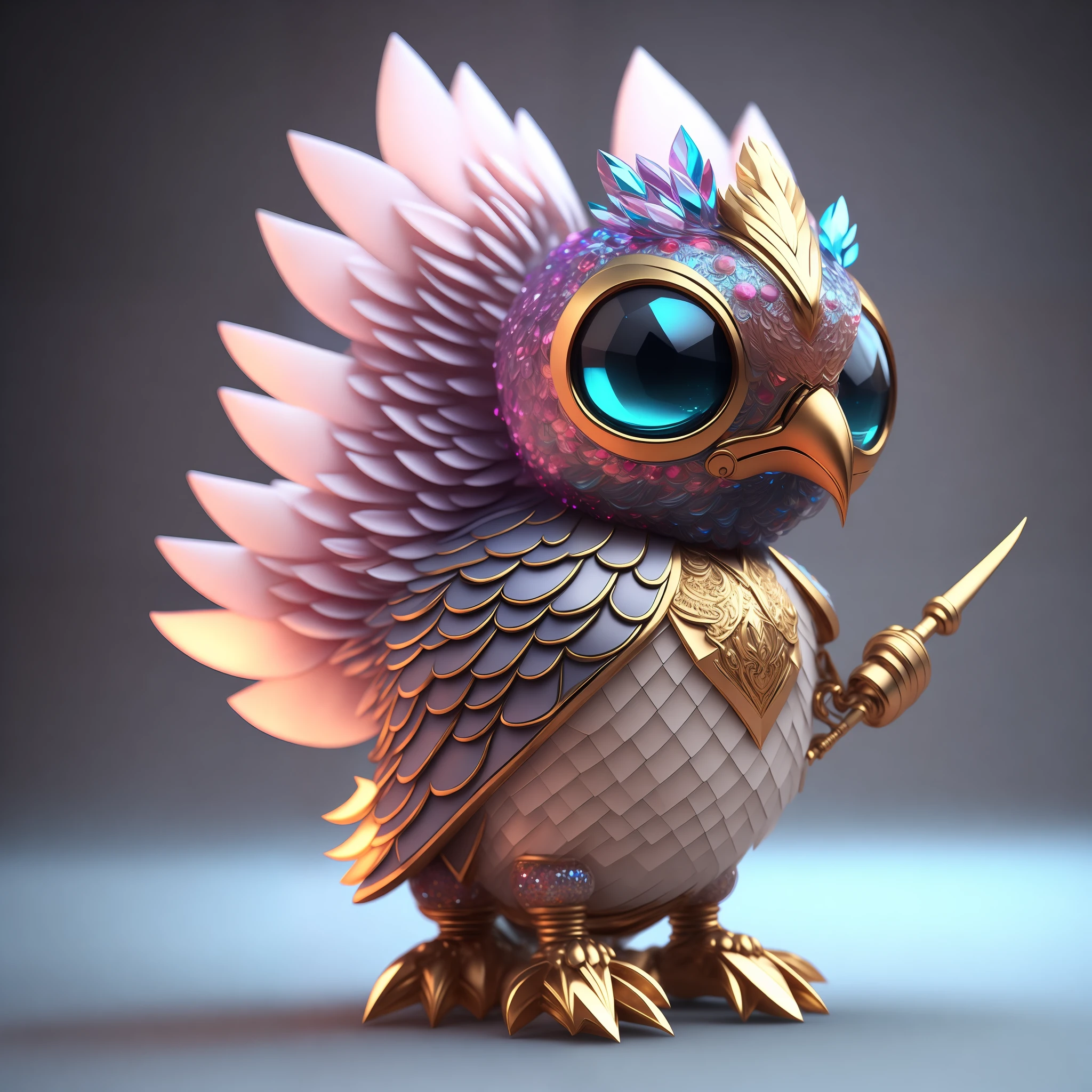 Photo of DivineStatue InkPunk (extra weapon), a cute little chubby phoenix, made of crystal balls, highly detailed complex concept art trend with low-poly eyes artstation 8k