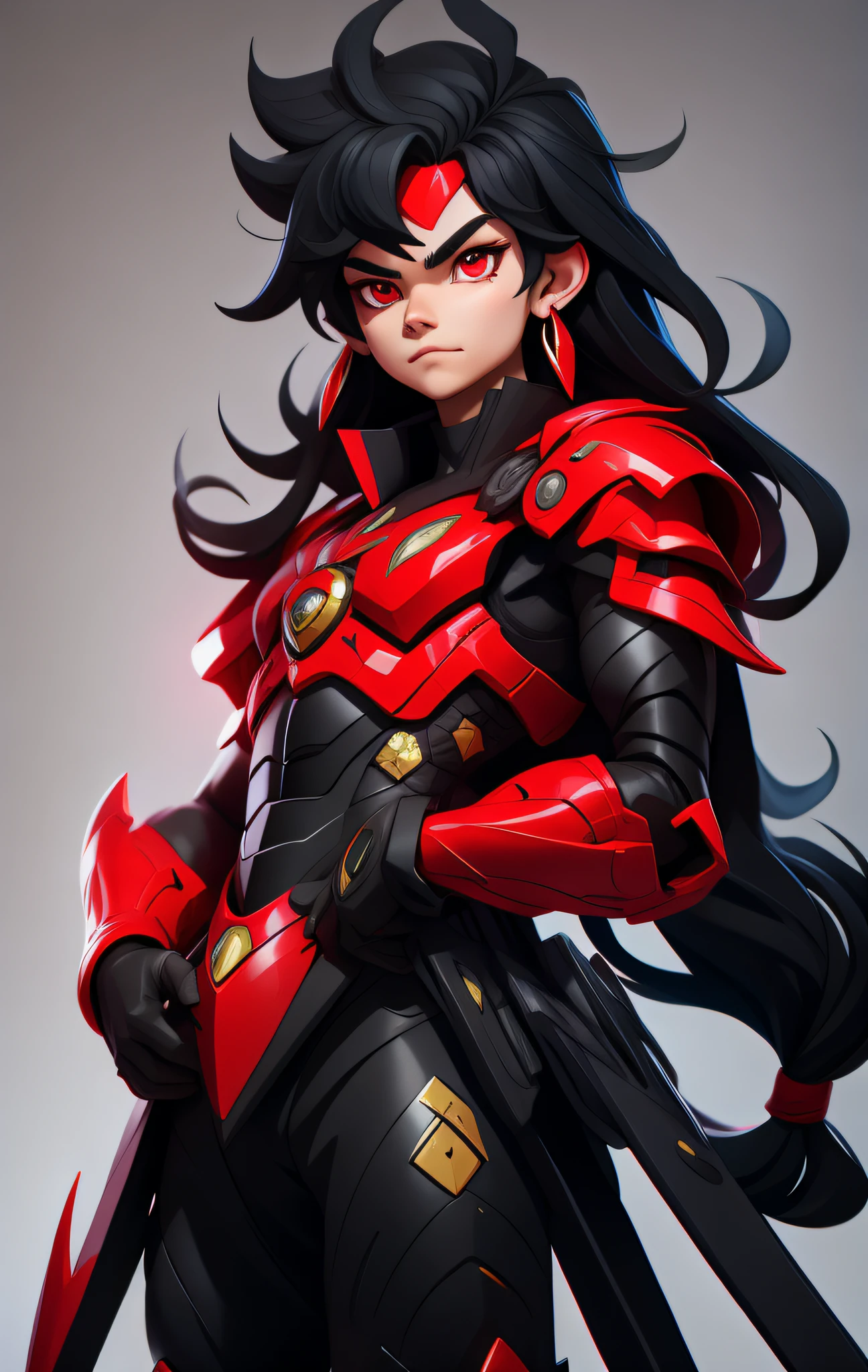 man, long hair (black hair), red eyes, (arms crossed), earrings, wearing black armor