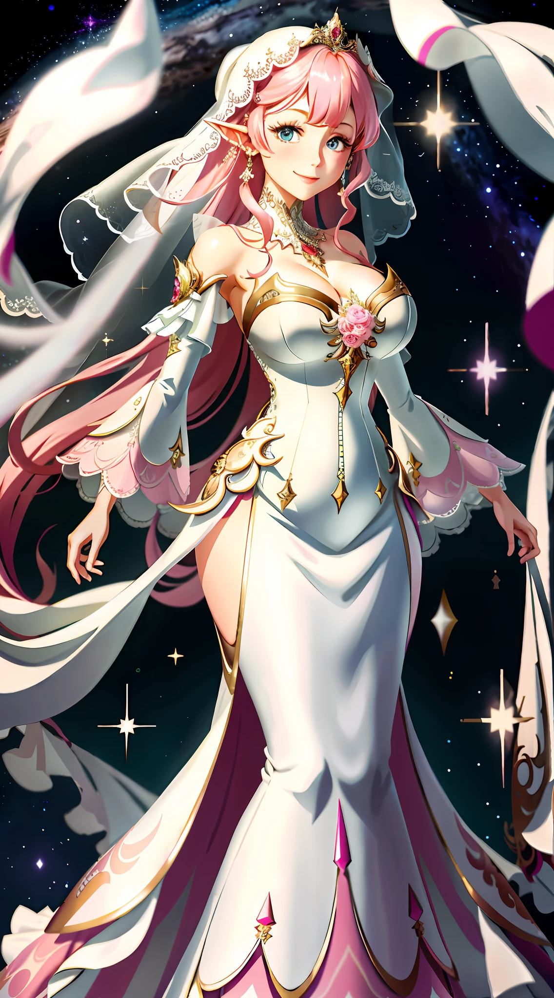 masterpiece, best quality, 1girl, solo, upper body, genshin impact, 1girl, elf ears, branch, large breasts, half-open mouth, elysia, white hood, long hair, loose hair, huge breasts, large breasts, massive breasts, elysia (Honkai Impact), jewelry, long hair, long skirt, long dress, wedding dress, poofy dress, frilly dress, space in veil, long veil, huge dress, floating, flying, angelic, veil, white veil, long veil, blunt bangs, looking at viewer, ear cuffs, breasts, wide sleeves, loose sleeves, big sleeves, elegant white dress, elegant dress, white dress, long flowing dress, long dress, flowy dress, wedding dress, clocks, night, stars, goddess, floating, flying, goddess, sparkles, stars, serene, elegant, beautiful, big smile, pink hair, blue eyes, pink pupils, pink pupils, blue eyes, pink pupils, sidelocks, smile, solo, dynamic pose, genshin,