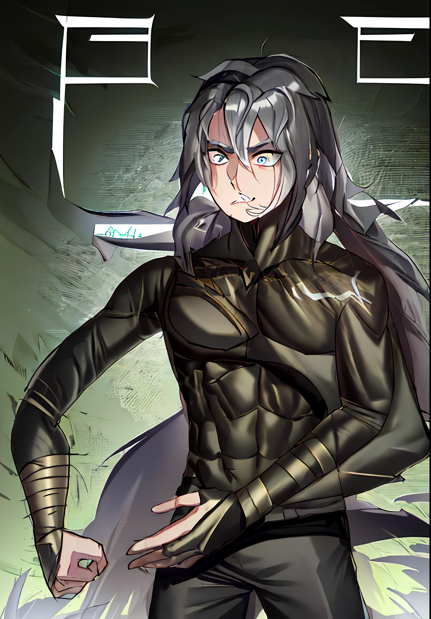 a drawing of a young man,handsome,pants(black pants),long hair (gray hair),fighting pose, wrestler pose!, outlined pudic pose gesture, holding a pudic pose, intimidating pose, scary rage pose, fighting pose, anime tribal boy with long hair, thick lineart, covered in bandages, menacing pose, pose, menacing pose,  muscular!