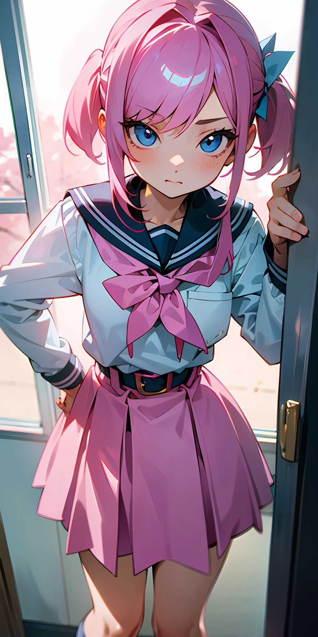 Masterpiece, best quality, high school pink haired girl, high school high school outfit, ecchi style, light blue eye, girl posing for photo, school, college