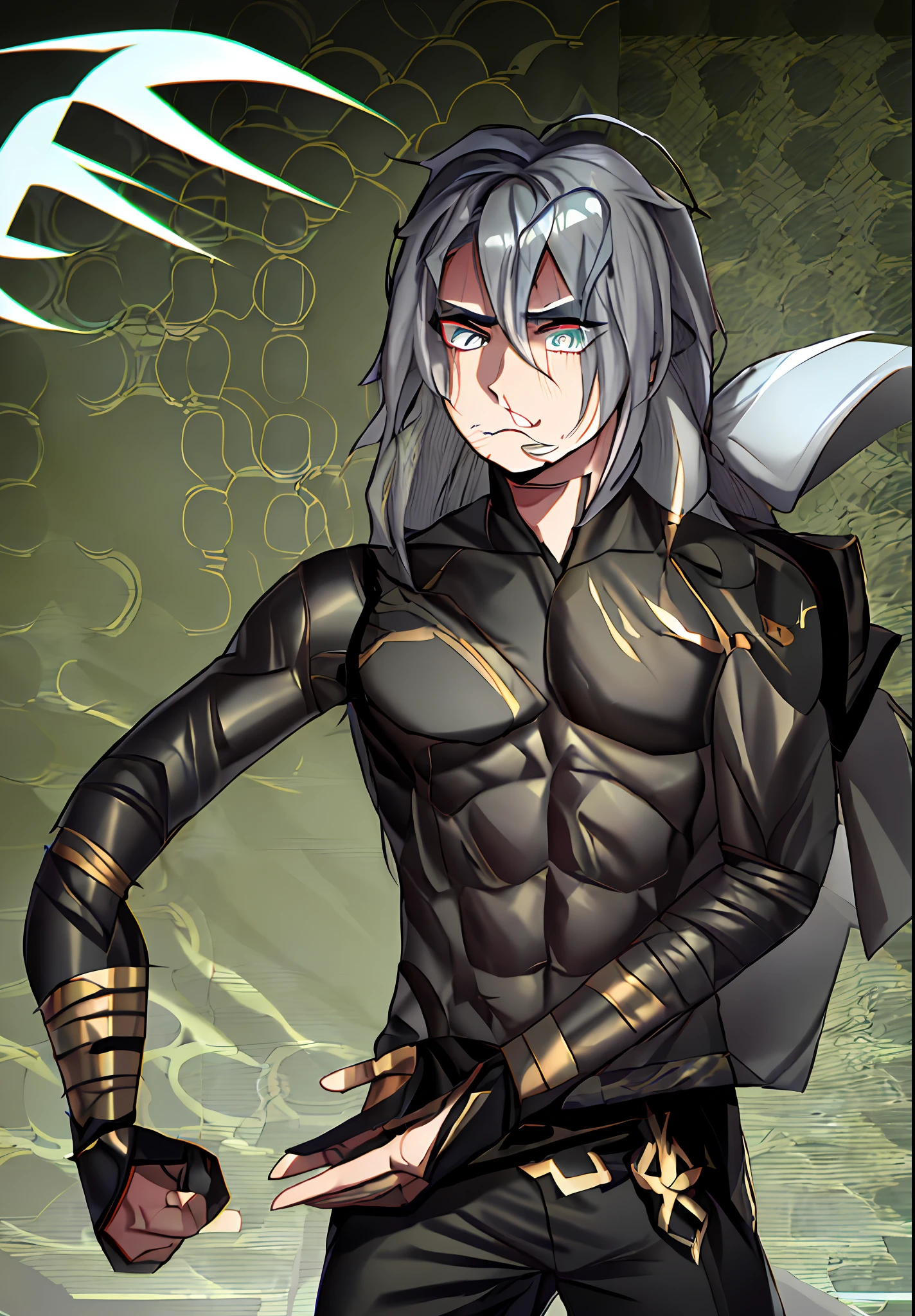 a drawing of a young man,handsome,pants(black pants),long hair (gray hair),fighting pose, wrestler pose!, outlined pudic pose gesture, holding a pudic pose, intimidating pose, scary rage pose, fighting pose, anime tribal boy with long hair, thick lineart, covered in bandages, menacing pose, pose, menacing pose,  muscular!