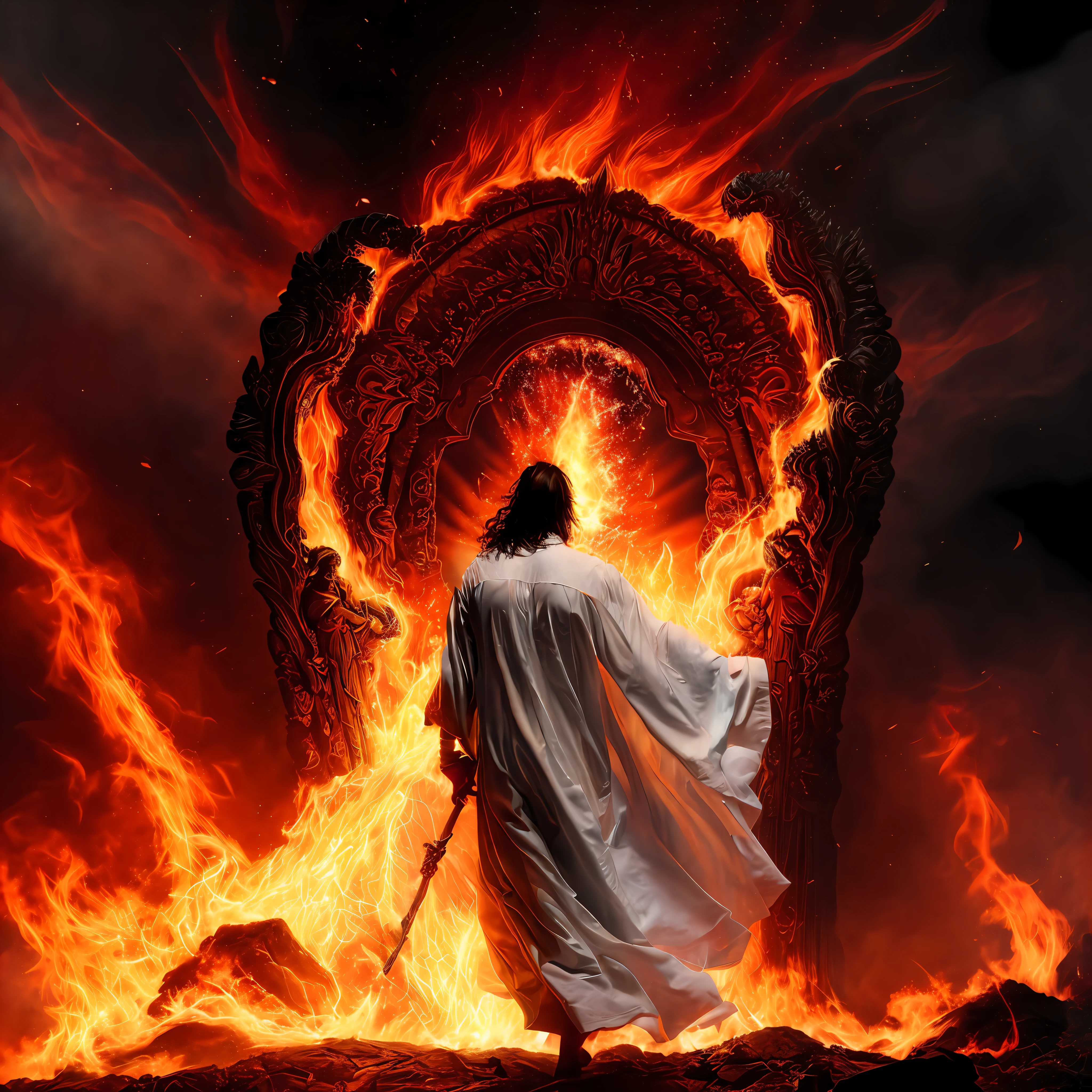 Masterfully captured with a Canon EOS 5D Mark IV, a grand tableau of cosmic struggle. Centered is a man in a white robe (profoundly detailed texture:1.3), illuminated brilliantly against the stark contrast of the scene. To his side, a radiant angel in white, inspired by Ahmed Karahisari's unique stylistic artistry (tumblr digital art:1.4). They are positioned within the turbulent battlefield of Heaven and Hell. Hellfire rages in the background, intensifying the dramatic atmosphere, capturing Satan and Jesus Christ in a fierce confrontation. Also featured is the imposing 'Great Door of Hell', a potent symbol of the infernal realm. This epic scene is brought to life through realistic lighting and dynamic shadows, manifesting the holy fire spell art in its raw power.