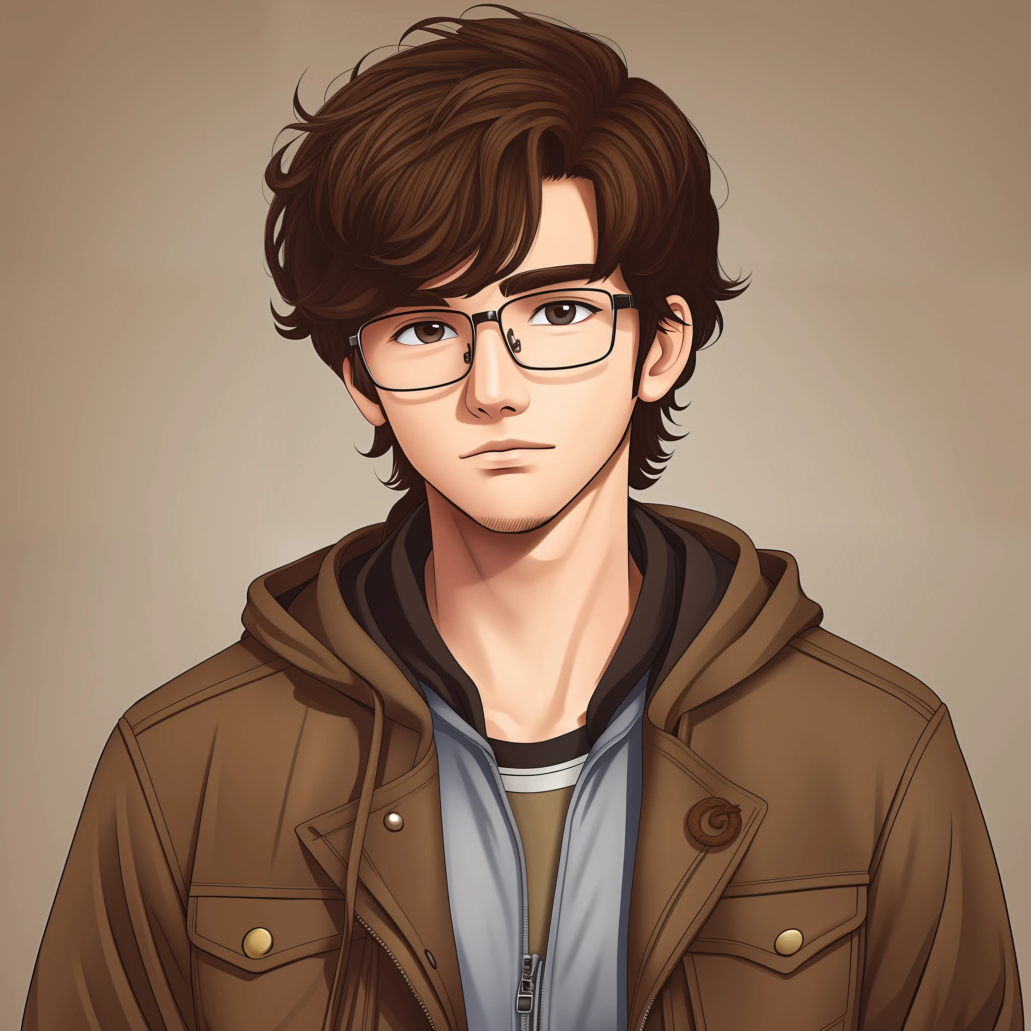 Original and unique authentic character,A young man with medium weight,with brown hair,short and wavy,he has brown eyes. He wears a jacket, hooded sweaters, is 20 years old and wears glasses. (channel art style) --auto --s2
