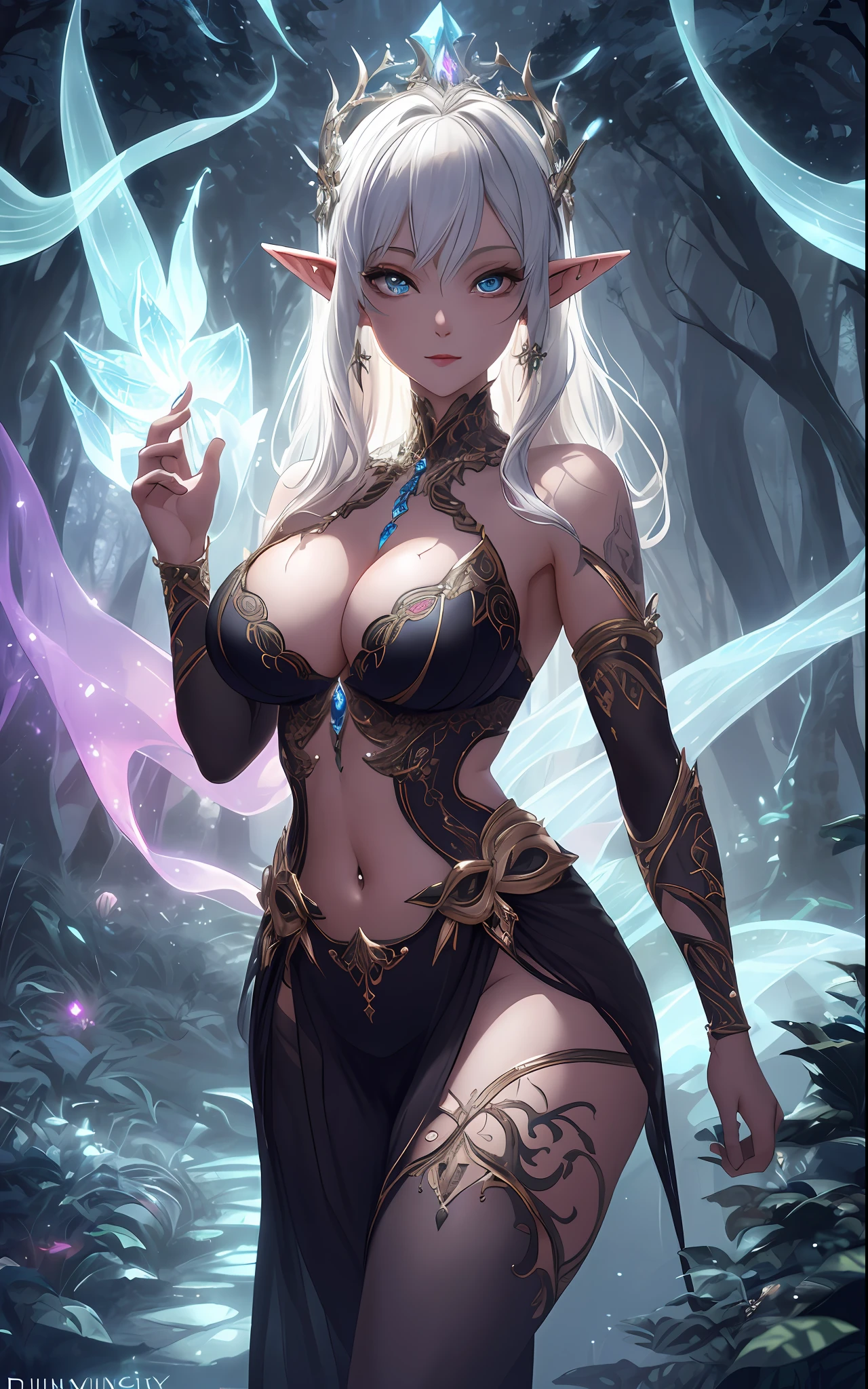 (extremely detailed CG unity 8k wallpaper, best quality, masterpiece), magical dark forest, sexy mature elf queen, skimpy sexy dress, boobs, cleavage, bellybutton diamond piercing, glowing womb tattoo, super sexy, alluring pose, stunning features, essence of enchantment, dreamlike atmosphere, ethereal, nighttime, perfect shadows.