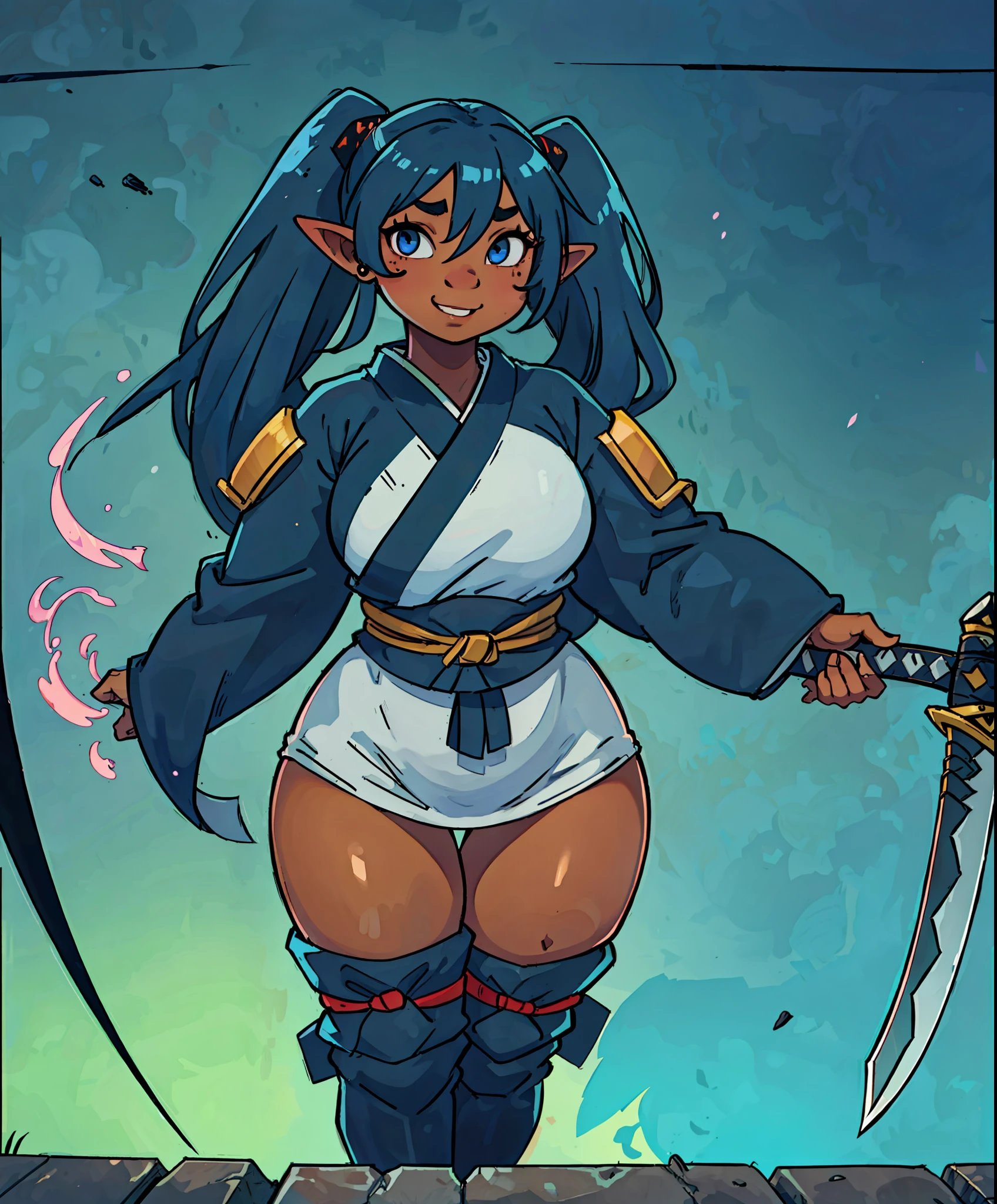 goblin, goblin girl, blue hair, very long hair, dark_ skin, dark skin goblin, wide body, very dark skin girl, small stature, very chubby, cute goblin, busty, hair between eyes, twintails, chubby, chubby girl, chubby girl goblin, wide hips, blue eyes, mole, mole on chest, age up, lips, big lips, thick eyebrows, body with fur, short girl, short goblin girl twintails, short girl, highly detailed, high quality, best quality, 8k, full body, fat, kunoichi, ninja suit, samurai armor, japanese clothes, katana, sword, kunai, fantasy, soft body, smile, black clothes, cute